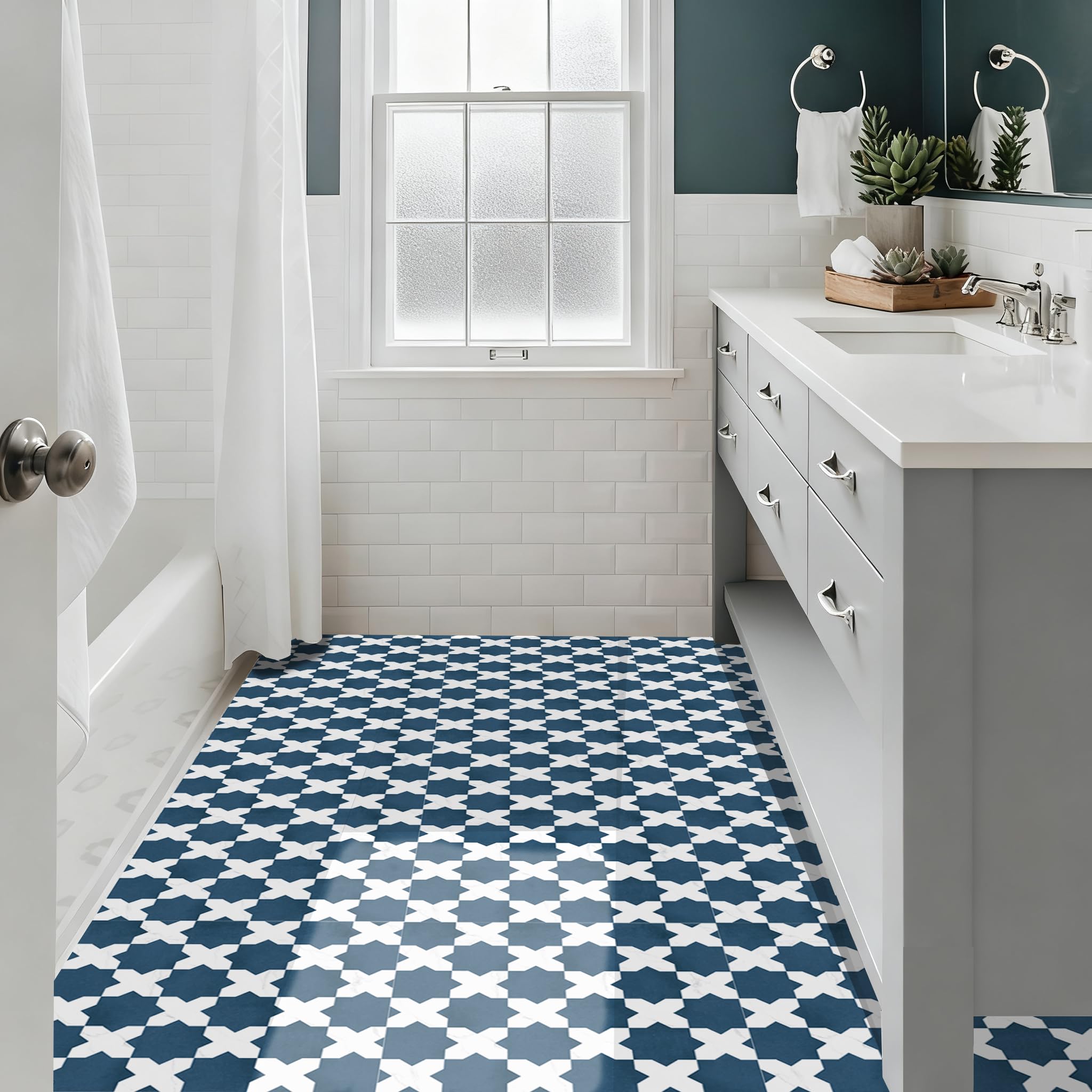 Alwayspon 30x30cmx10Pcs Self-adhesive Flooring Peel and Stick Vinyl Sticker, Non-slip Waterproof Vinyl Floor Tiles Decal for Kitchen Bathroom Living Room, Vintage Blue White Marble