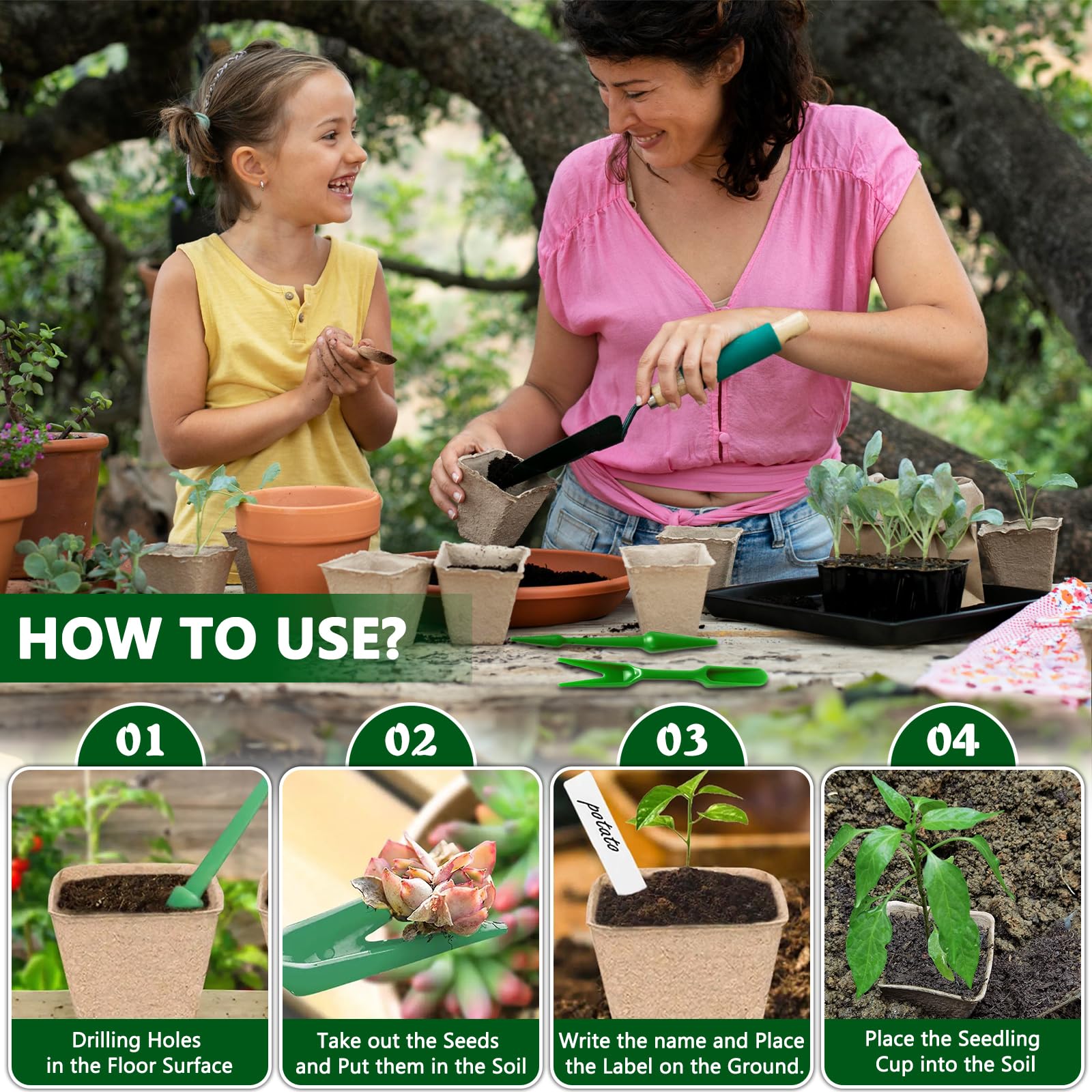 Godets pour Semis 8cm, 202 Pièces Kit de Pots de Semis en Fibre, Godet de Rempotage avec Étiquettes et Outils, sans Tourbe, sans Repiquage, pour Serre Jardin Potager Fleur Semis