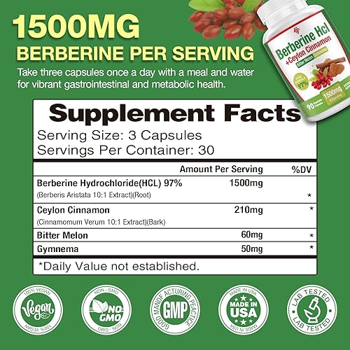 Miniatura 6 de Suplemento de berberina de 1500 mg  Berberina HCl de primera calidad 97% pureza Berberina más canela de Ceilán pura, berberina de alta potencia para