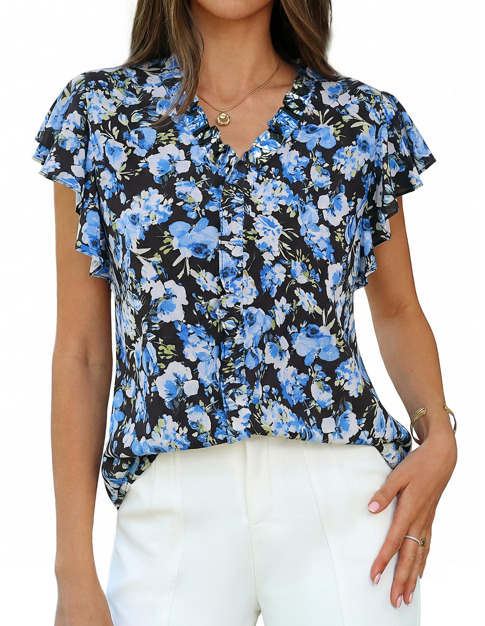 GRACE KARIN 2026 Boho Tops for Women Dressy Casual,Ruffle Sleeve Chiffon Blouses,V Neck Summer Fashion Clothes Blue Black M
