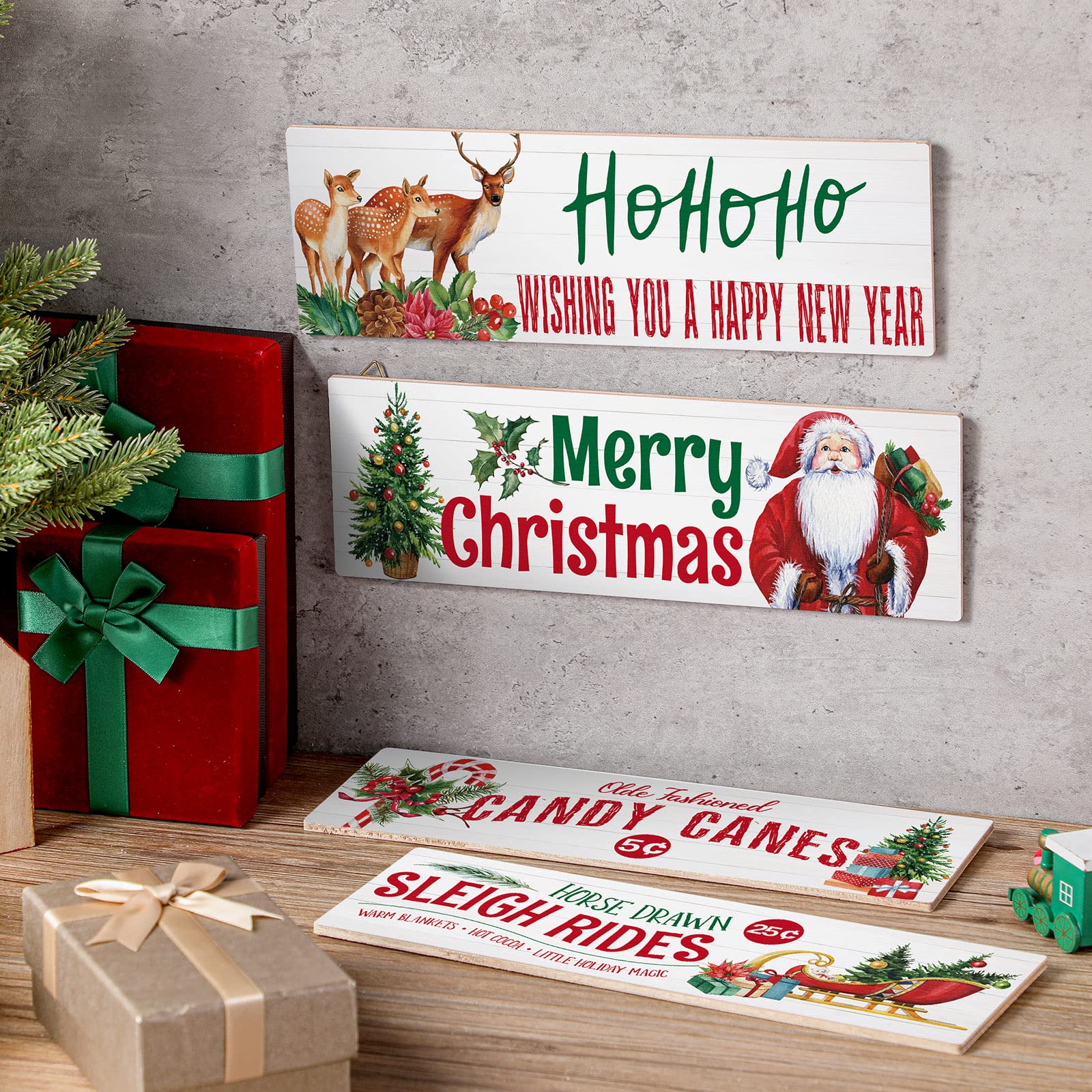 ing wall plaque クリスマス Amazon.com: 4 Pieces Vintage Christmas Wood Hanging Sign, Merry