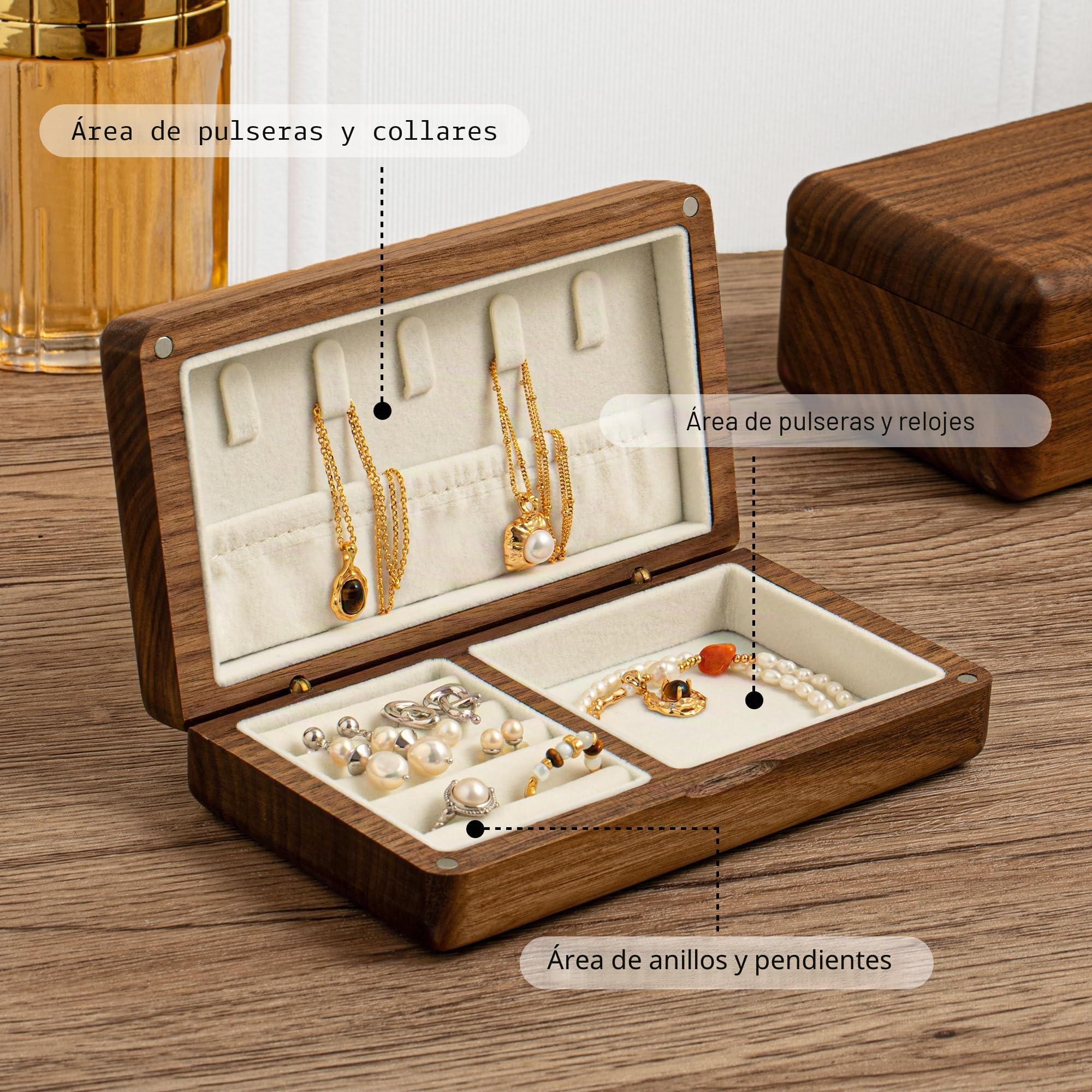 Joyero de madera para mujer caja organizadora de madera maciza collares, anillos, caja de almacenamiento Caja de Joyas,organizador para anillos collares pendientes, regalo original para mujer,
