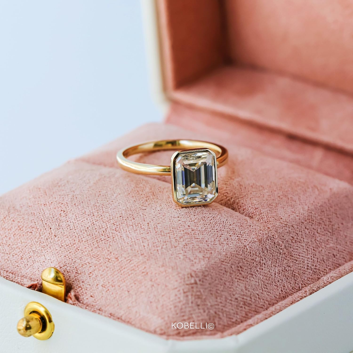 Kobelli Lab Grown Diamond Solitaire Emerald Cut Bezel 14K Gold Ring