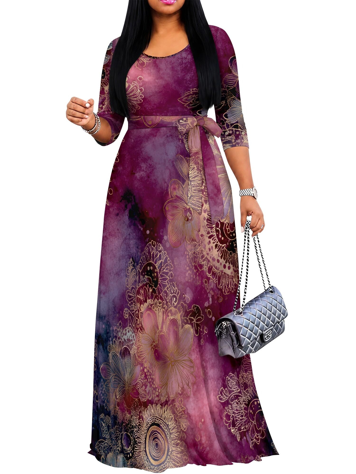 PinkPatty Women's Plus Size V Neck 3/4 Sleeve Boho Maxi Dress with Pockets | Boho printed maxi dress with pockets and tie waist for travel, vacations, weddings, church, parties, and daily wear