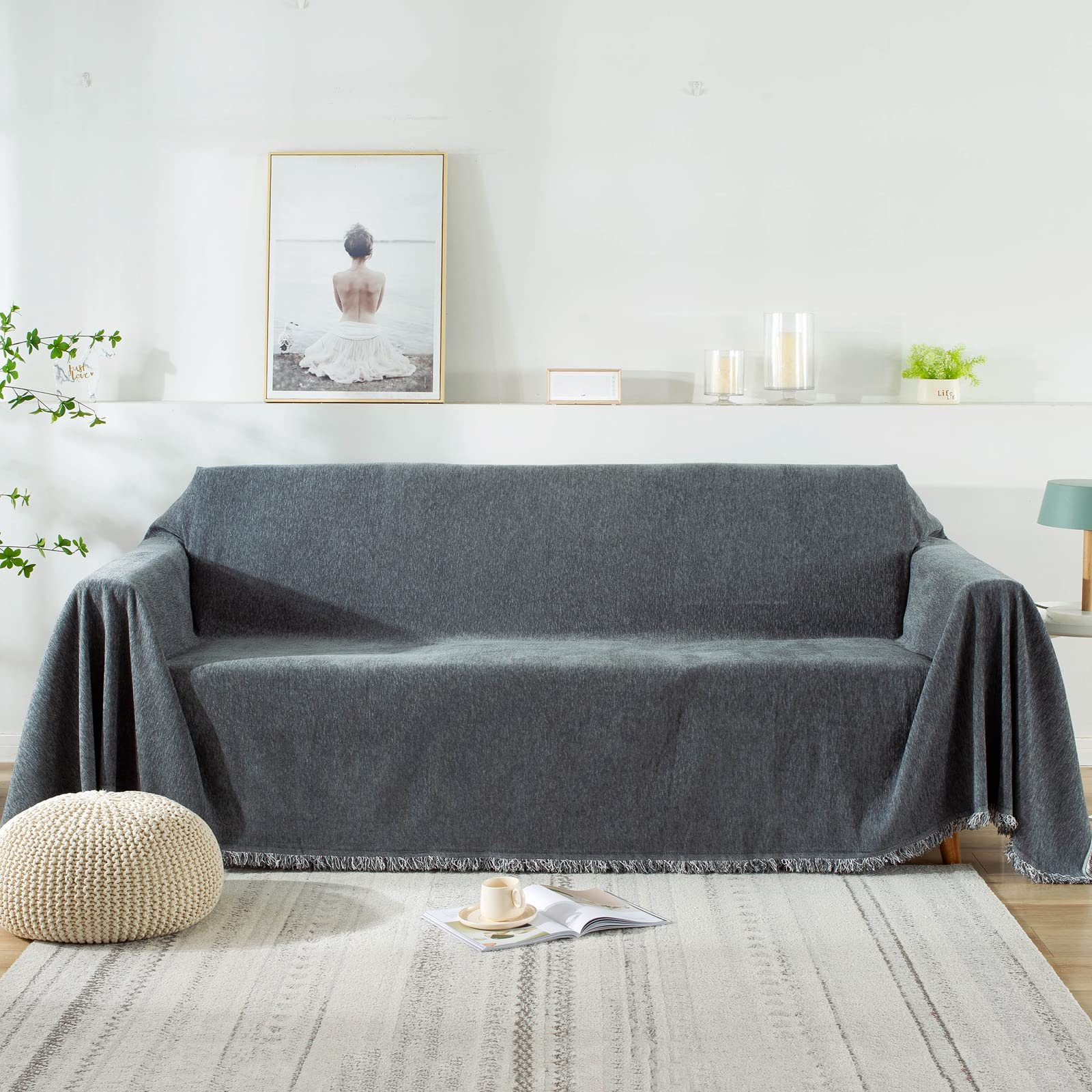 SHANNA Manta Sofa Grande, lavableantideslizante antifouling Manta para Sofa con borlas, Manta Sofa Invierno (180 x 300 cm, Gris Oscuro)