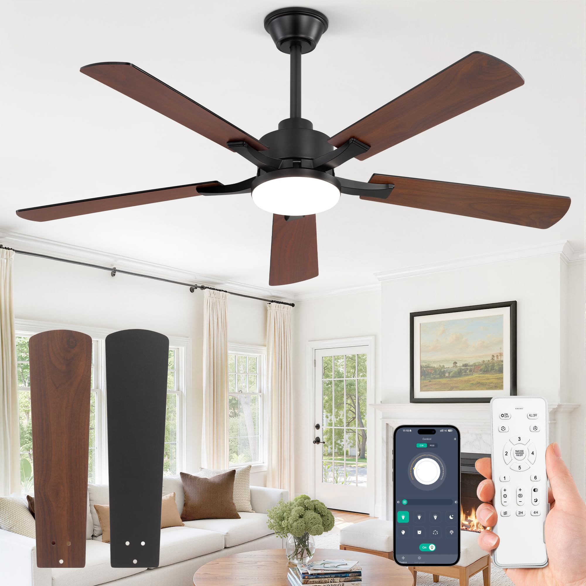 ZMISHIBO Ceiling Fan with LED Light 132 cm, Silent DC Motor, 6 Speeds, Control by APP and Control, Reversible Blades Black/Walnut, Adjustable 10-100%, Memory, Bedroom Living Room