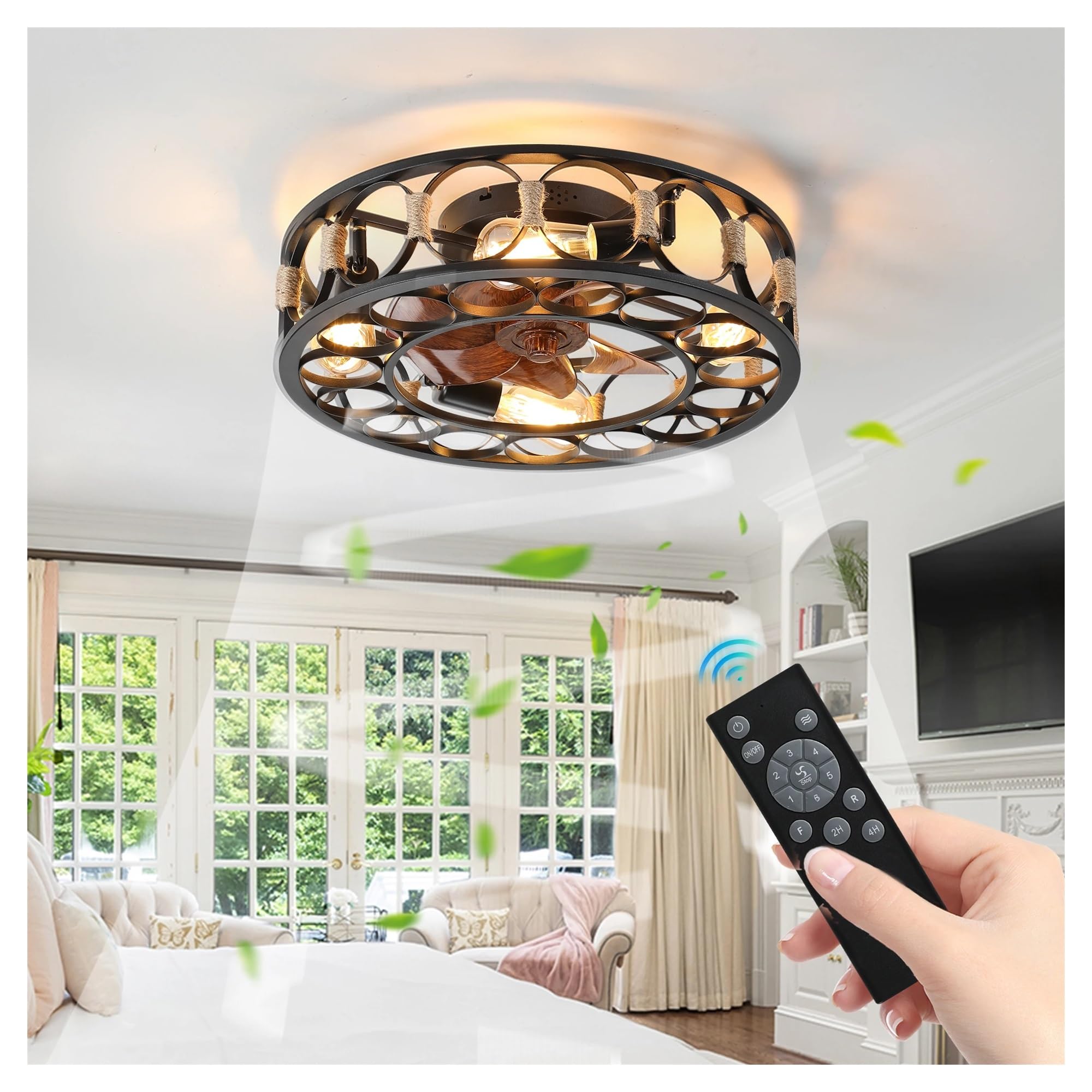 Genérico ARLGSITE Ventilador de techo enjaulado negro con luces y control remoto, ventiladores granja, aspas reversibles 6 velocidades, 5 bombillas incluidas