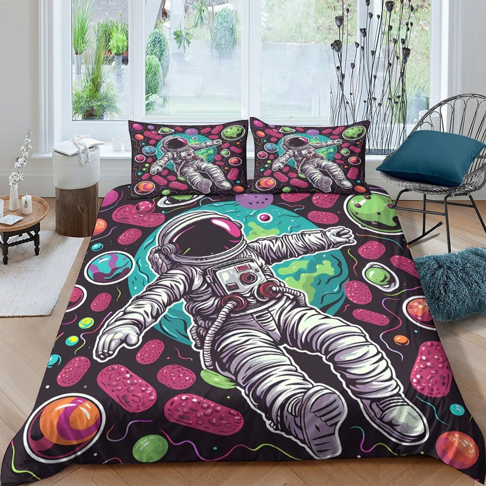 GPLZQXKJNH 3D Printed Astronaut Space Duvet Cover Set Microfiber Soft Breathable Galaxy Bedding for Bedroom Home with 2 Pillowcases Single（135x200cm）