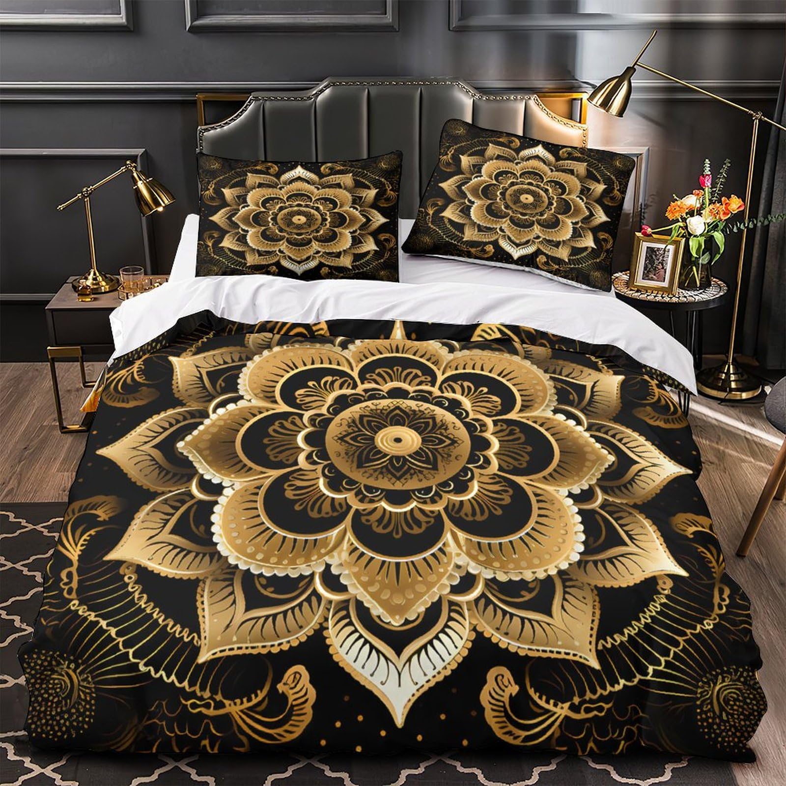 Stampa 3D Golden mandala Fodera copriletto Biancheria per letto Con federa Duraturo Ornate decorative art Rivestimento copriletto Morbido per studenti giovani coppie adolescenti Super king（260x220cm）