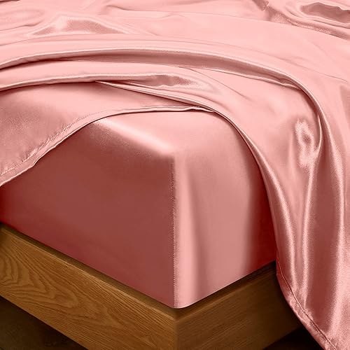 Miniatura 3 de Entisn Juego de sábanas de satén sedoso de 4 piezas, juego de sábanas de satén de tamaño individual, juego de ropa de cama de lujo color oro rosa,