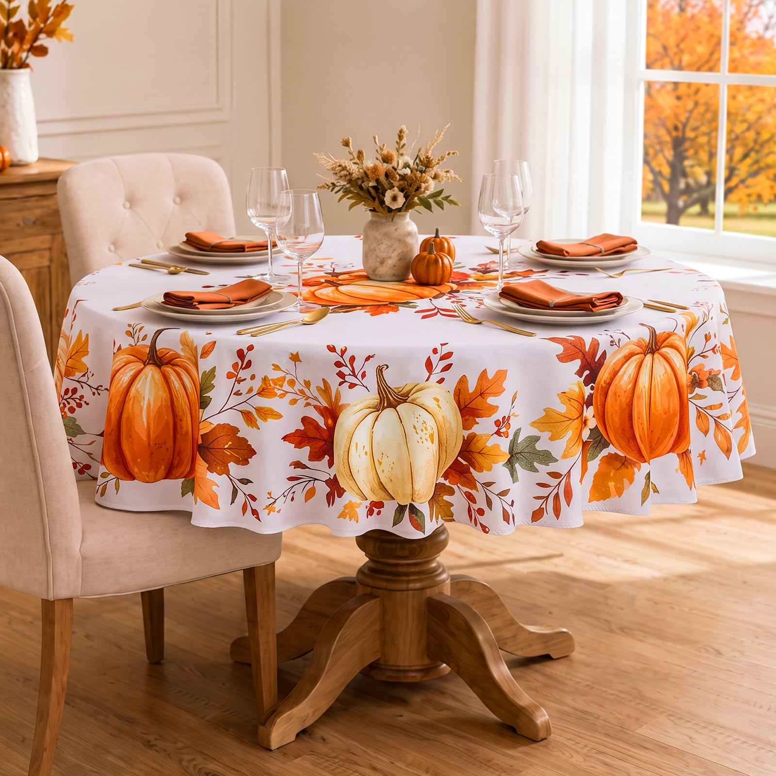 Softalker Herbst tischdecke rund 160 cm Durchmesser Weiß mit Orange Kürbis,herbstliche Tischdecken, wasserabweisend und abwaschbar ideal für Garten, Balkon, Küche,Couchtisch,Restaurant,Cafe,Party Küche, Haushalt & Wohnen