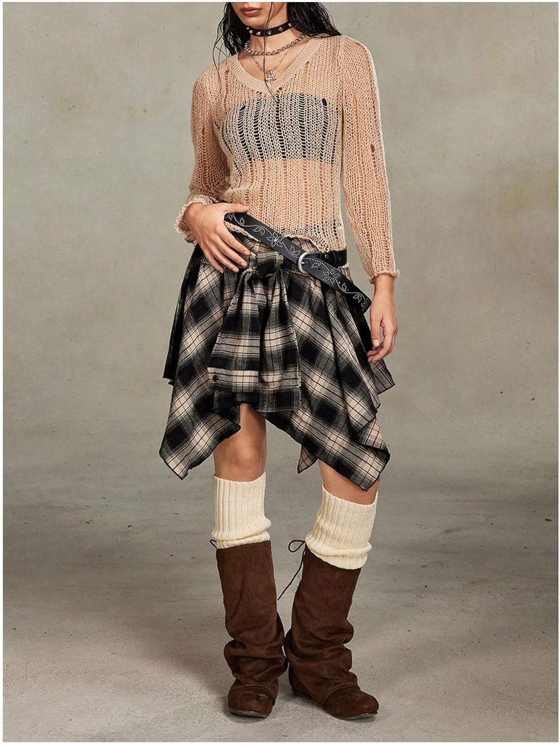 Verdusa Women's Y2k Goth Grunge Plaid Skirts Tie Vintage Asymmetrical Flowy Pleated Mini Skater Skirt - Image 5