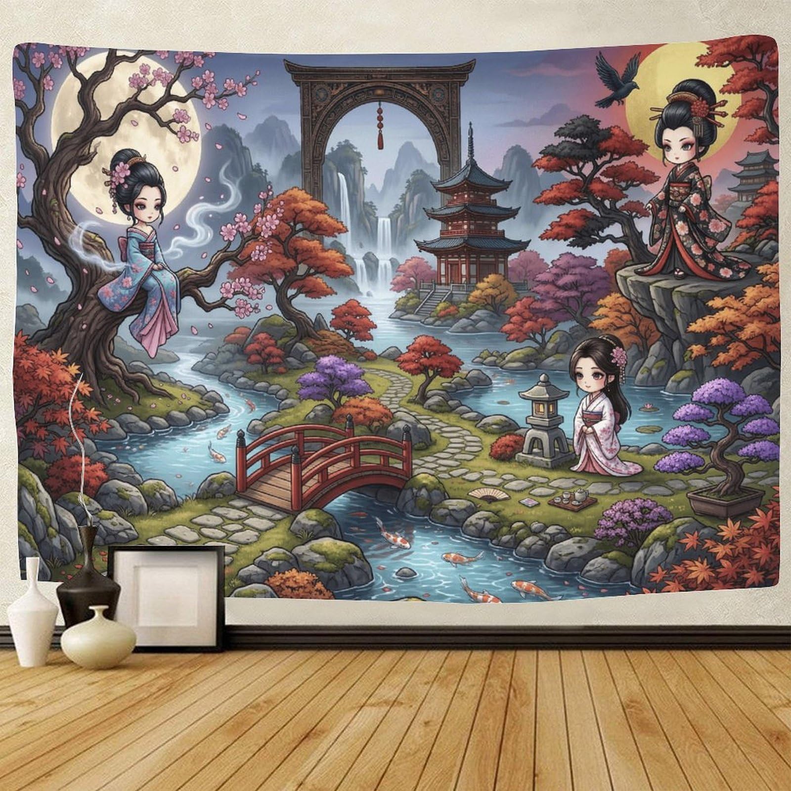 GPMNBCXZK Japanese Geisha 3D Print Wall Hanging Oriental Landscape Decoration for Living Room Bedroom 130cmx150cm