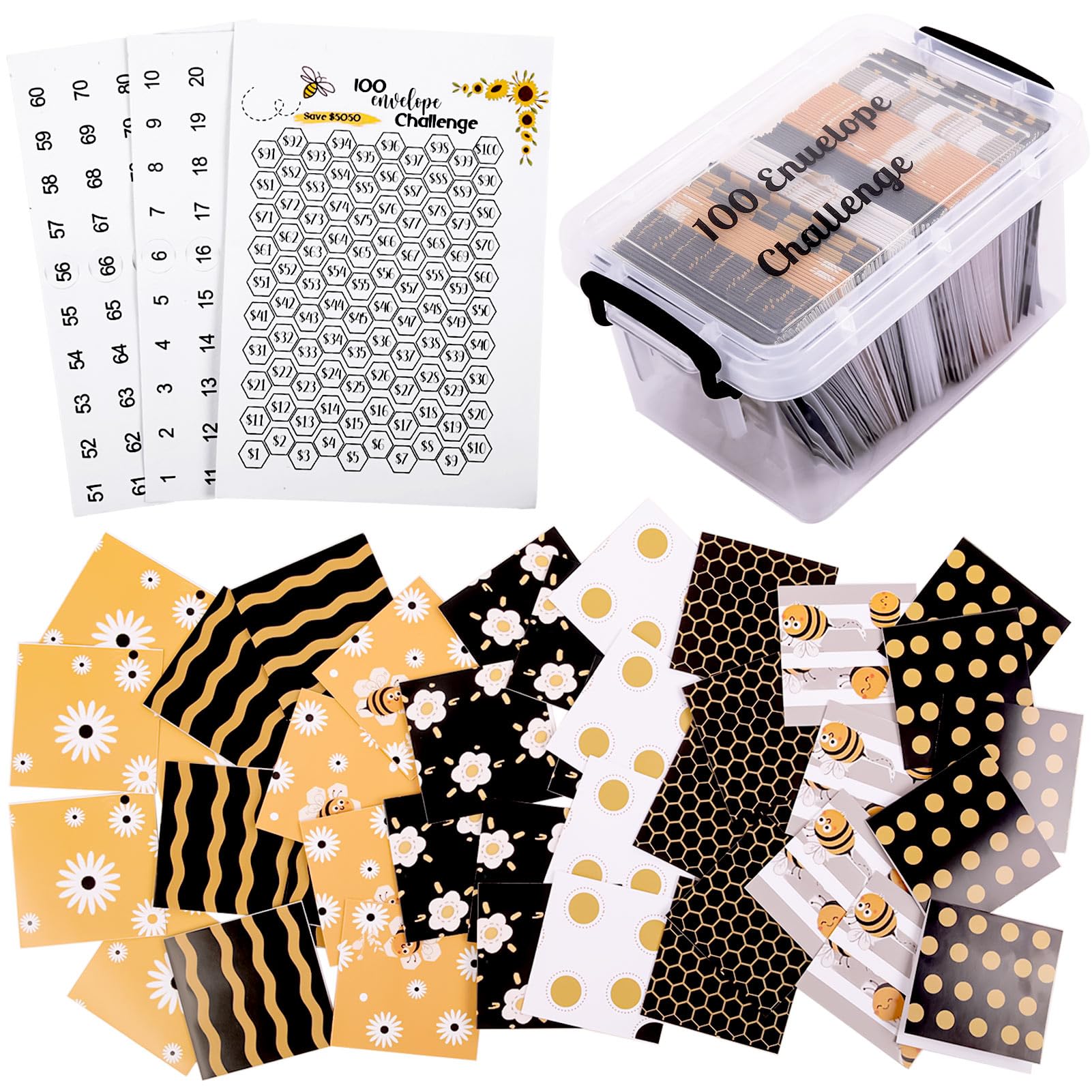 100 Envelopes Money Saving Challenge Kit, 100 Day Envelope Challenge Box for Saving 5050 Dollars, Plastic Money Saving Box for Budgeting and Planning
