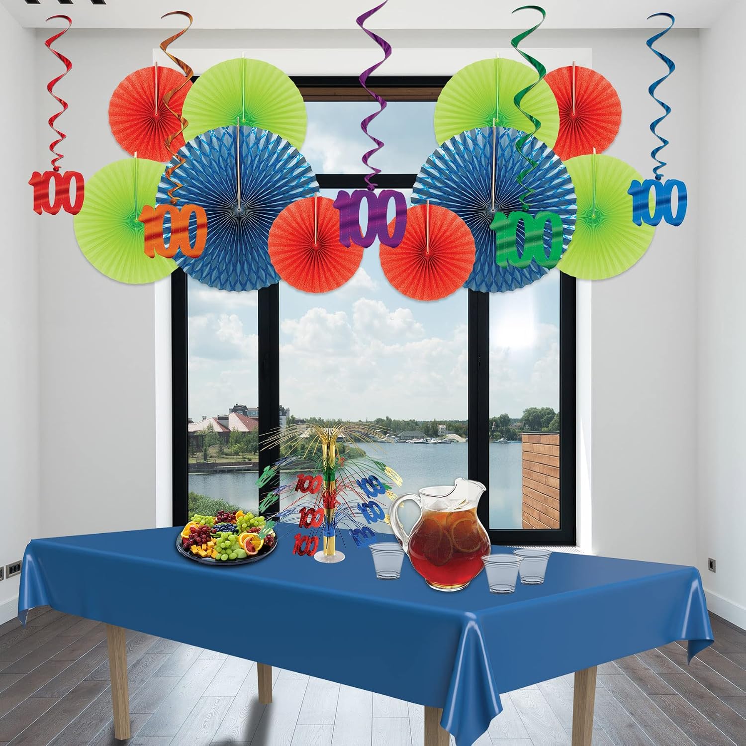 Beistle 5 Piece Assorted Colors Number 100 Whirls Hanging Party Decorations For Birthday, Anniversary or 100th Day Celebrations