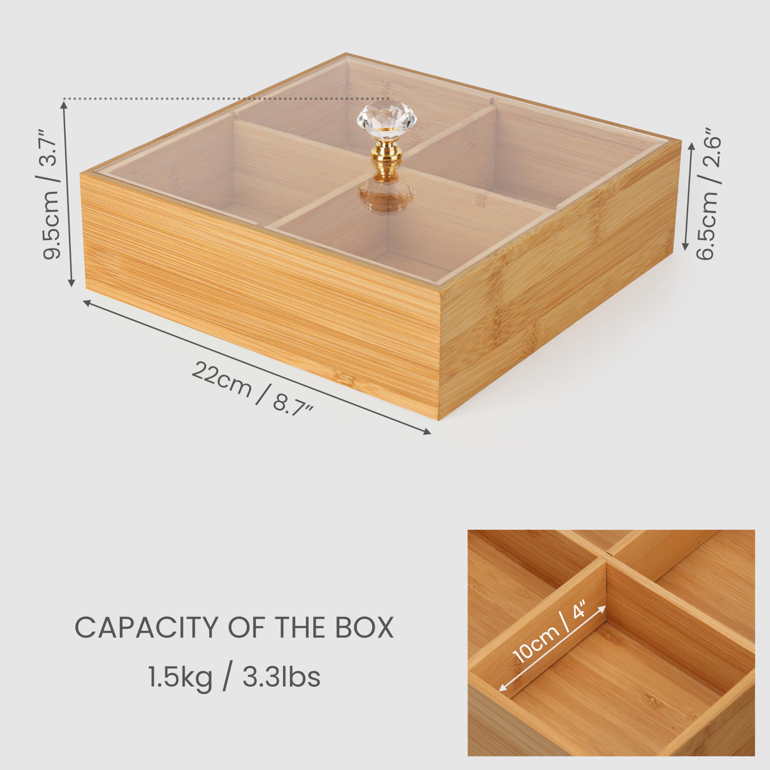 BELLE VOUS Carrée Bois Plateau de Service Avec Couvercle - Déco Boite Rangement avec 4 Compartiments & Couvercle - 22 x 22 cm - Polyvalente pour Sachets de Thé, Souvenirs, Bijoux & Loisirs Créatifs