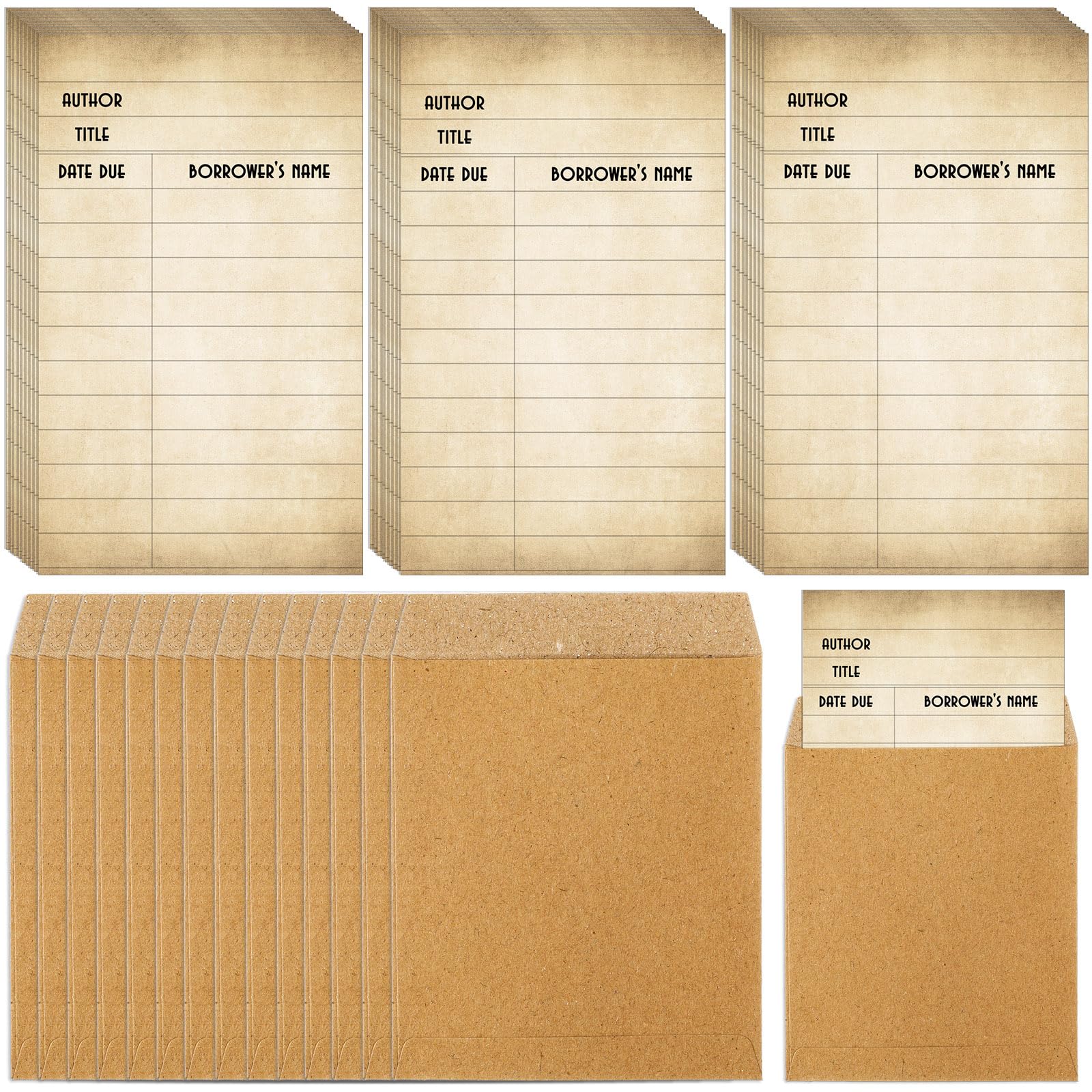 Roowest 120 Pack Library Book Pockets with Envelopes Self Adhesive Book Checkout Cards Vintage Library Card Reading List Bookmark Card for Classroom