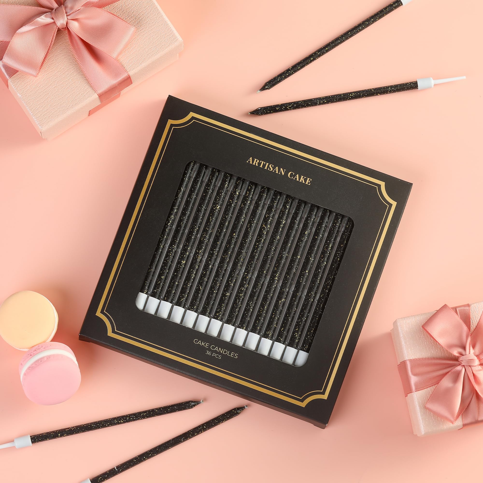 Lot de 36 bougies d'anniversaire longues et fines à paillettes noires pour gâteaux, fêtes d'anniversaire, décorations de mariage, bougies de fête