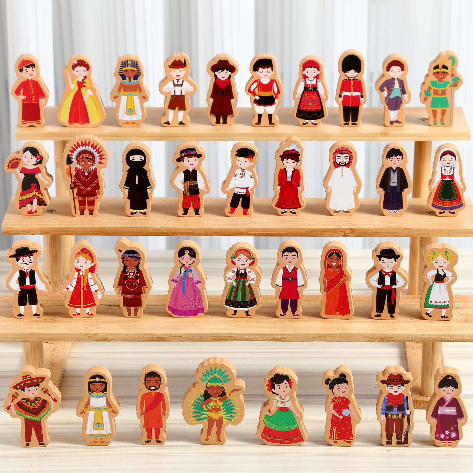Blosssound 36 Pcs Multicultural Wooden Character Set Small Wooden People Figures Small Diversity Country Couples Wood Blocks for Preschool Classroom Play Games Educational Activity Supplies