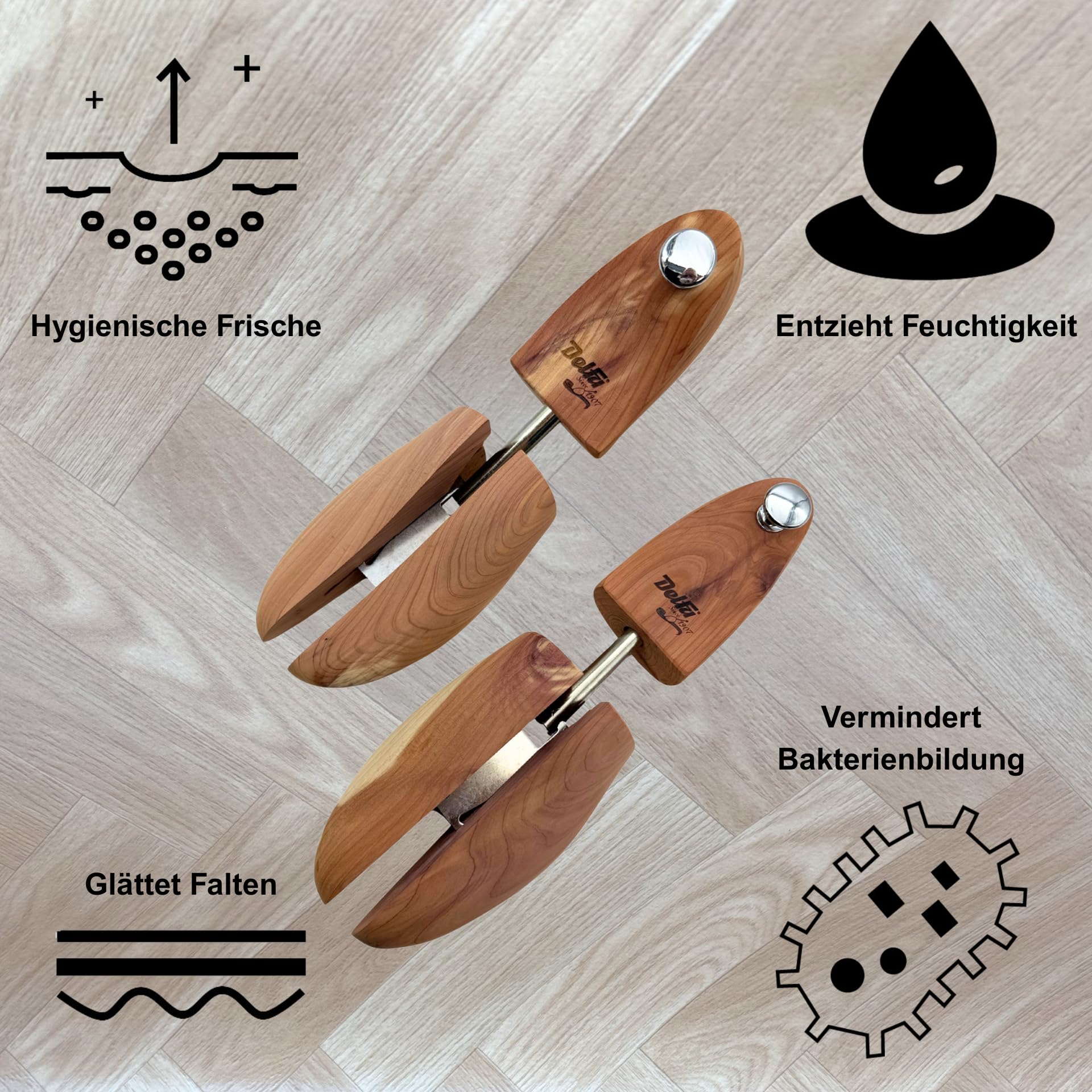 DELFA Cedar Premium Schuhspanner Gr.40/41 bis 46/48 | 5 Paar, mit exklusivem Schuhbeutel, naturbelassenes Holz aus der Red Cedar