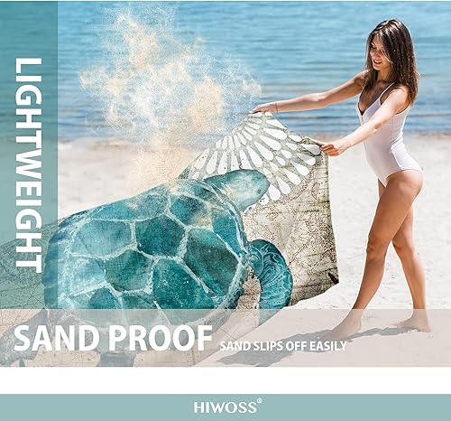 Miniatura 3 de Hiwoss manta de playa a prueba de arena de gran tamaño 95 x 80 pulgadas, impermeable, libre de arena con bolsillos en esquinas, bolsa de malla