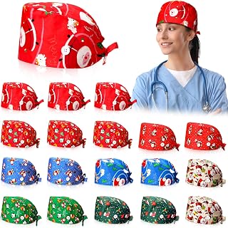 18 Pieces Christmas Scrub Hat with Button Adjustable Nursing Working Cap with Sweatband Bouffant Caps Cute Printed Surgical Cap for Women Men