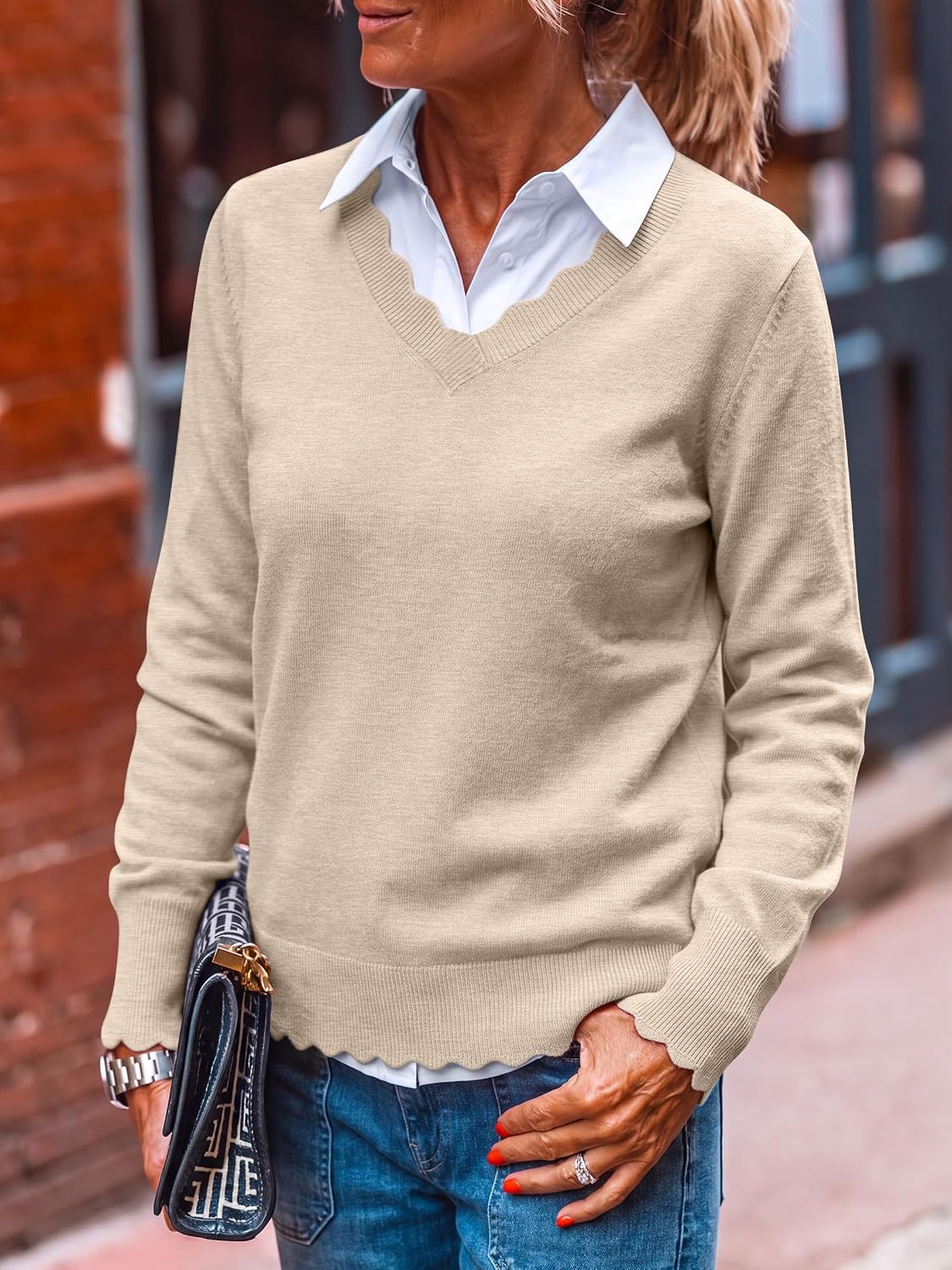 ANRABESS Womens Sweaters V Neck Scallop Long Sleeve Pullover | Soft Lightweight Knit Top, Cute Ribbed Cuff Loose Fit, Casual Basic Elegant Office Work Daily Wear, Fall Spring Outfits