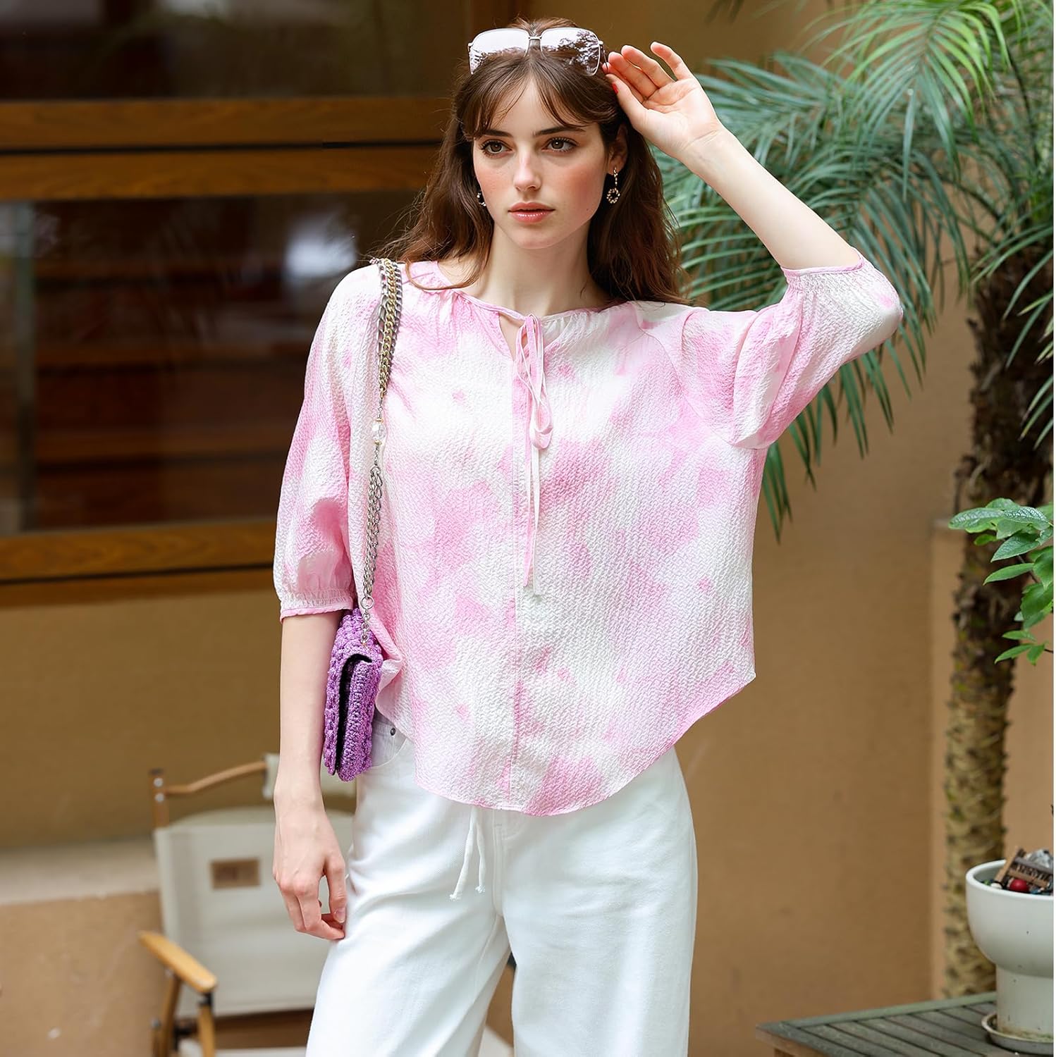 Women's Pure Mulberry Silk Blouse Dressy Casual 3/4 Sleeve Tie Neck Button Down Shirt Spring Summer Work Floral Top - Image 3