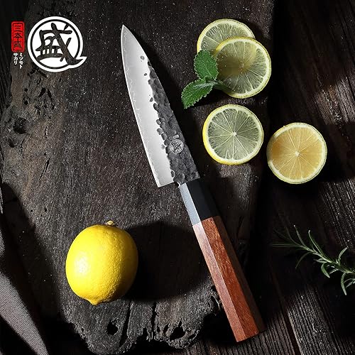 Miniatura 2 de MITSUMOTO SAKARI Cuchillo de cocina de 5.5 pulgadas  Cuchillos japoneses forjados a mano para frutas y verduras, 3 capas de acero de alto carbono,