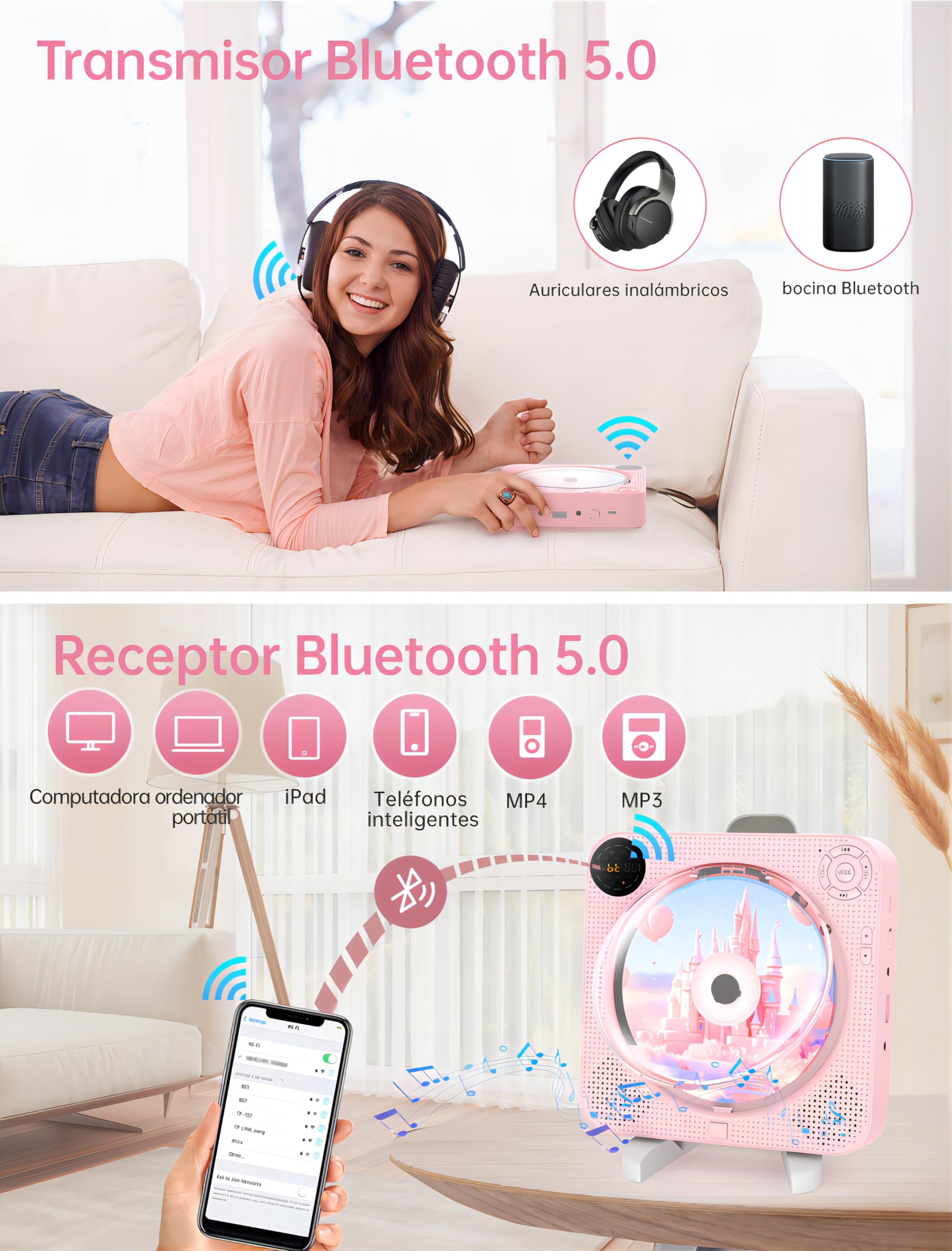 Arafuna Reproductor CD portatil, Bluetooth CD Player para el hogar con Altavoces Pantalla LCD y Mando a Distancia, Aupports FM Radio/AUX in/USB/Headphone Jack