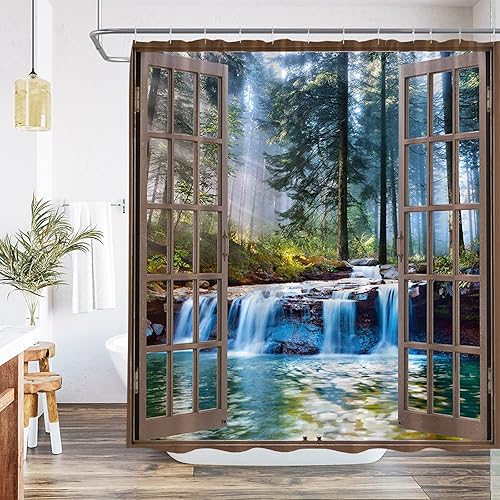 Cortina de ducha de cascada, bosque verde, bosque tropical, selva, río, paisaje, primavera, naturaleza, escénico, temporada, tela para el hogar,