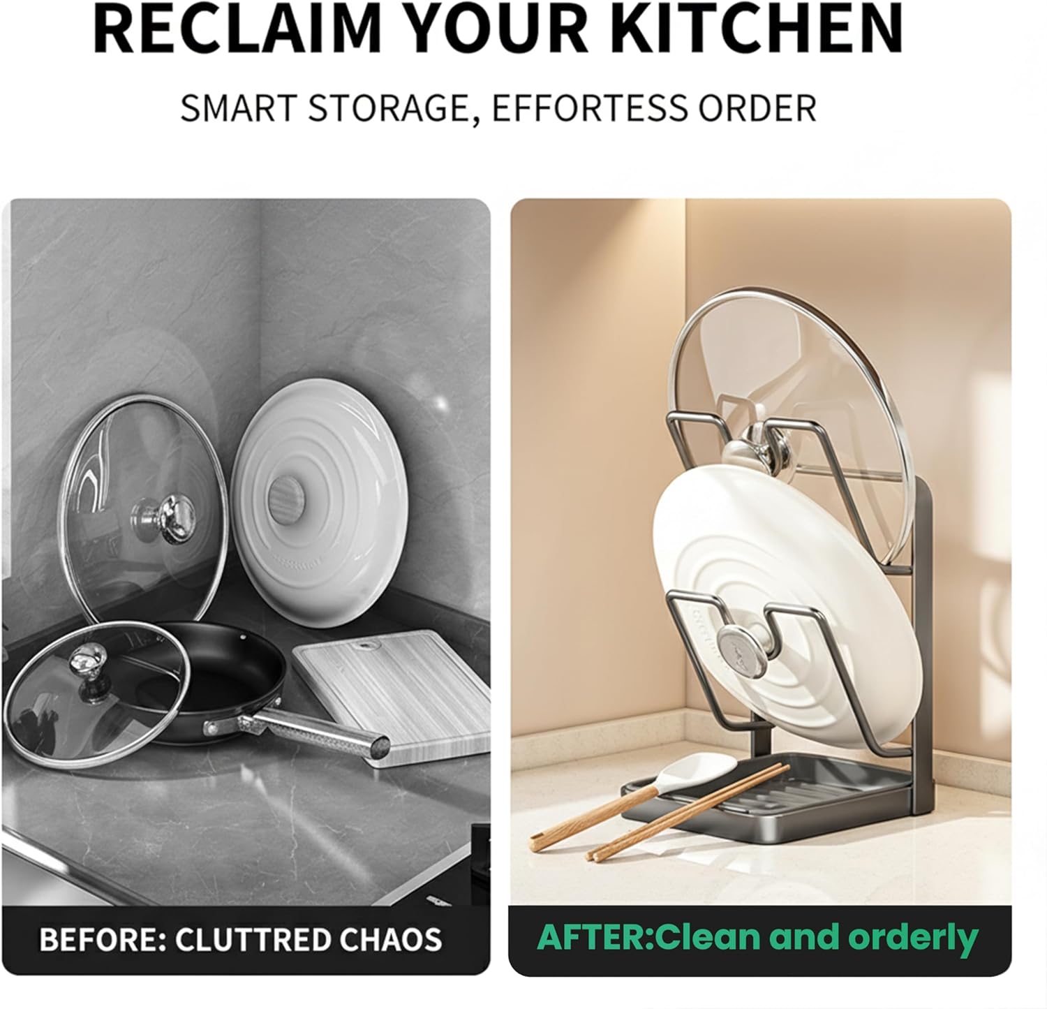 2026 Upgraded Kitchen Pot Lid Storage Rack, Multifunctional Pot Lid Organizer Rack, Lid Holder While Cooking, Lid And Spoon Rest, Thickened Carbon Steel Material (Double Layer-Gray) - Image 4