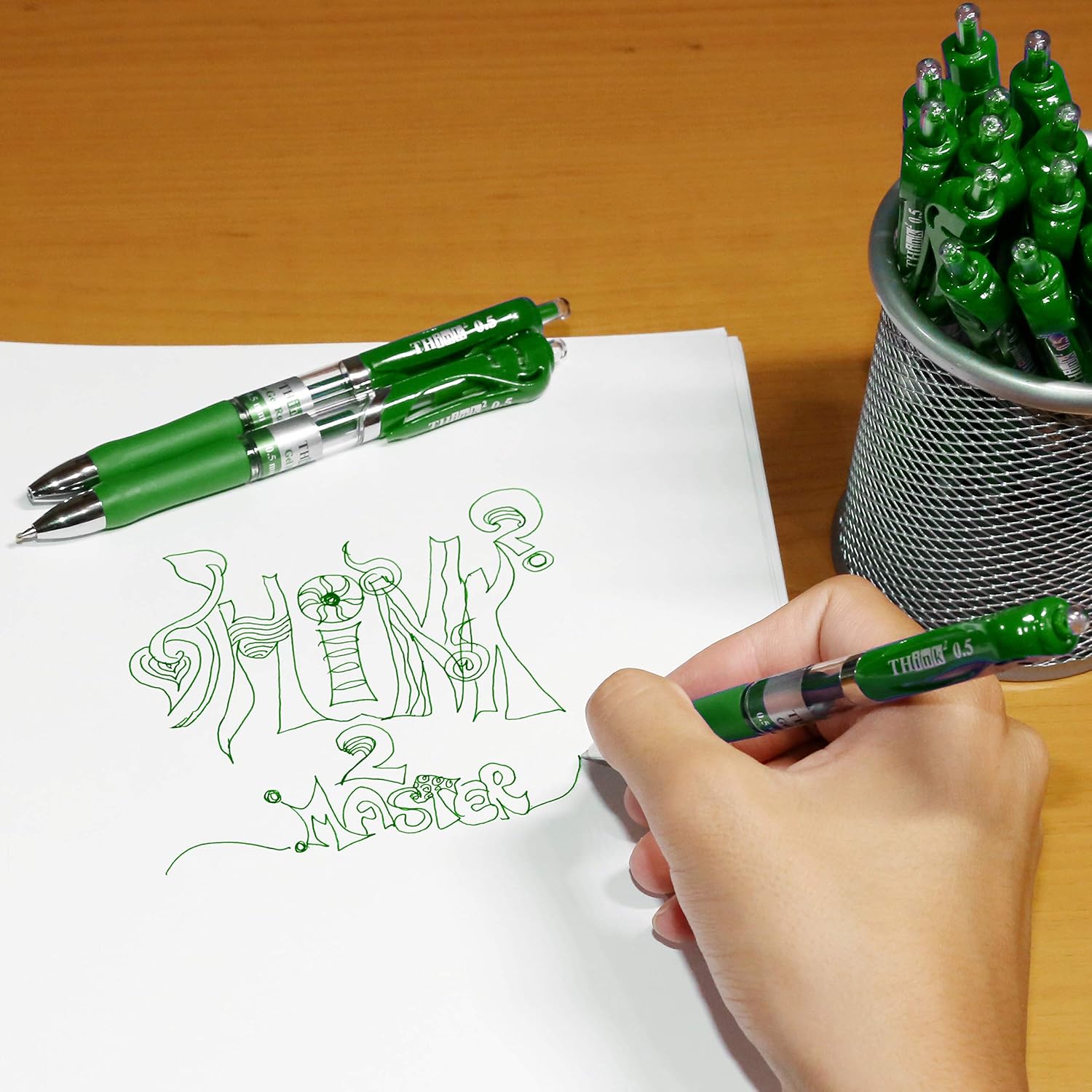THINK2MASTER [24 Pens - Green Ink] Think2 Retractable Gel Pens. (24 Green) Fine Point (0.5mm) Rollerball Pens with Comfort Grip.