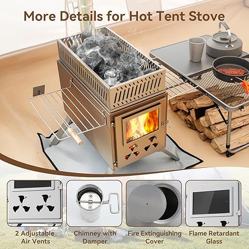 Miniatura 5 de Estufa de tienda de campaña caliente para sauna, estufa de leña con 8 tubos de chimenea de acero inoxidable, estufa de leña plegable portátil para