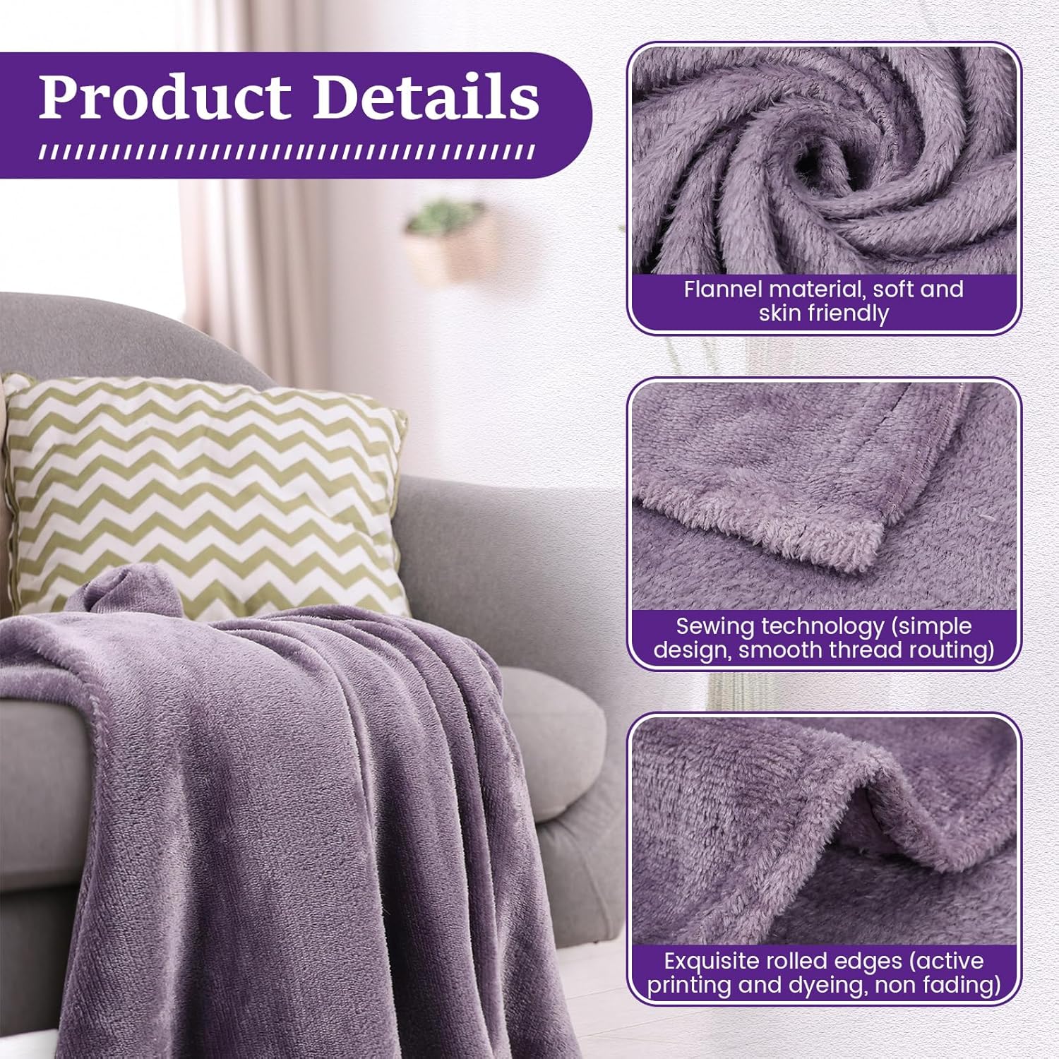 18 Pieces Throw Blankets Bulk 50 x 60 Inch Soft Warm Lightweight Fleece Flannel Blankets Bulk for Homeless Cold Weather Wedding Guests Gifts Home Couch Sofa Bed(Purple) - Image 4