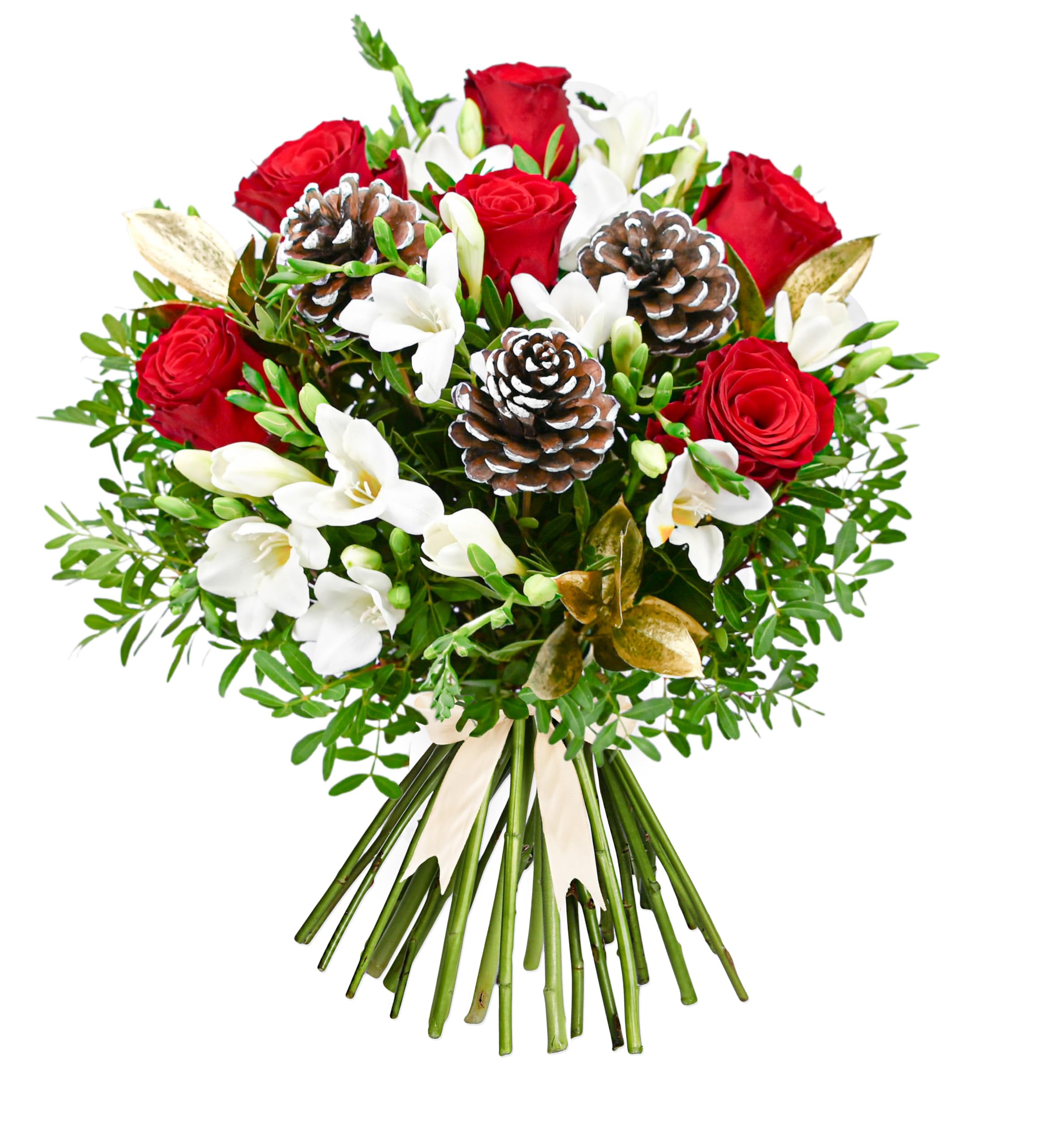 Festive Rose & Freesia Bouquet - Fresh Christmas Flowers – Christmas Floral Arrangements for Holiday Décor, Gifts, Celebrations, Winter Weddings, Seasonal Cheer, and Special Gatherings. (Standard)