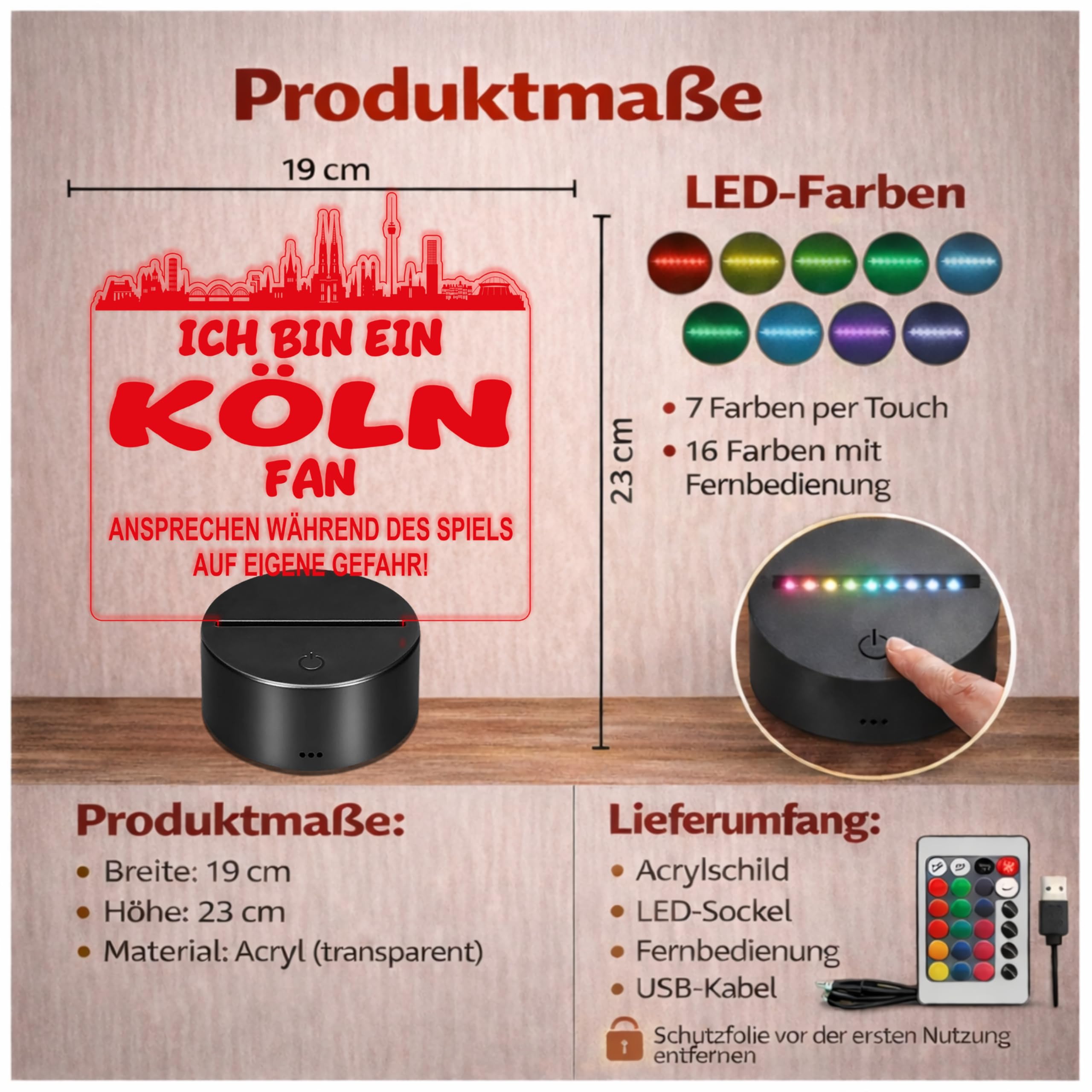 Lieblingsmensch Köln Fan Fußball LED Nachtlicht – 3D Skyline Design „Ansprechen auf eigene Gefahr“ – RGB Farbwechsel mit Fernbedienung & Touch – Stimmungslicht für die Man Cave – 19x23cm