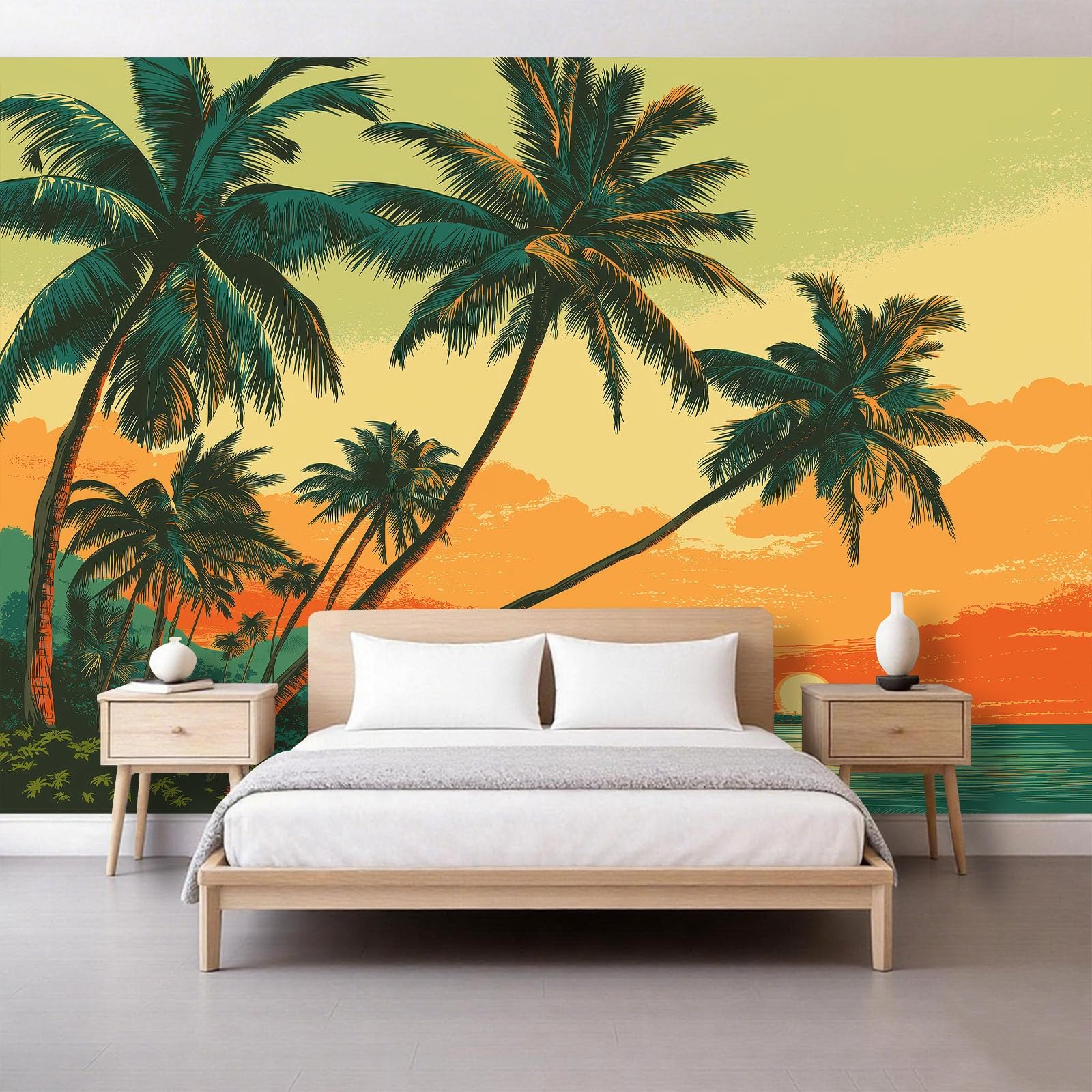 Fototapeta z włókniny 500 x 280 cm, tropikalny zachód słońca, palma, tapeta do salonu, nowoczesna tapeta z włókniny, XXL, tapeta ścienna, tapeta z motywem, efekt 3D, dekoracja ścienna, żółta