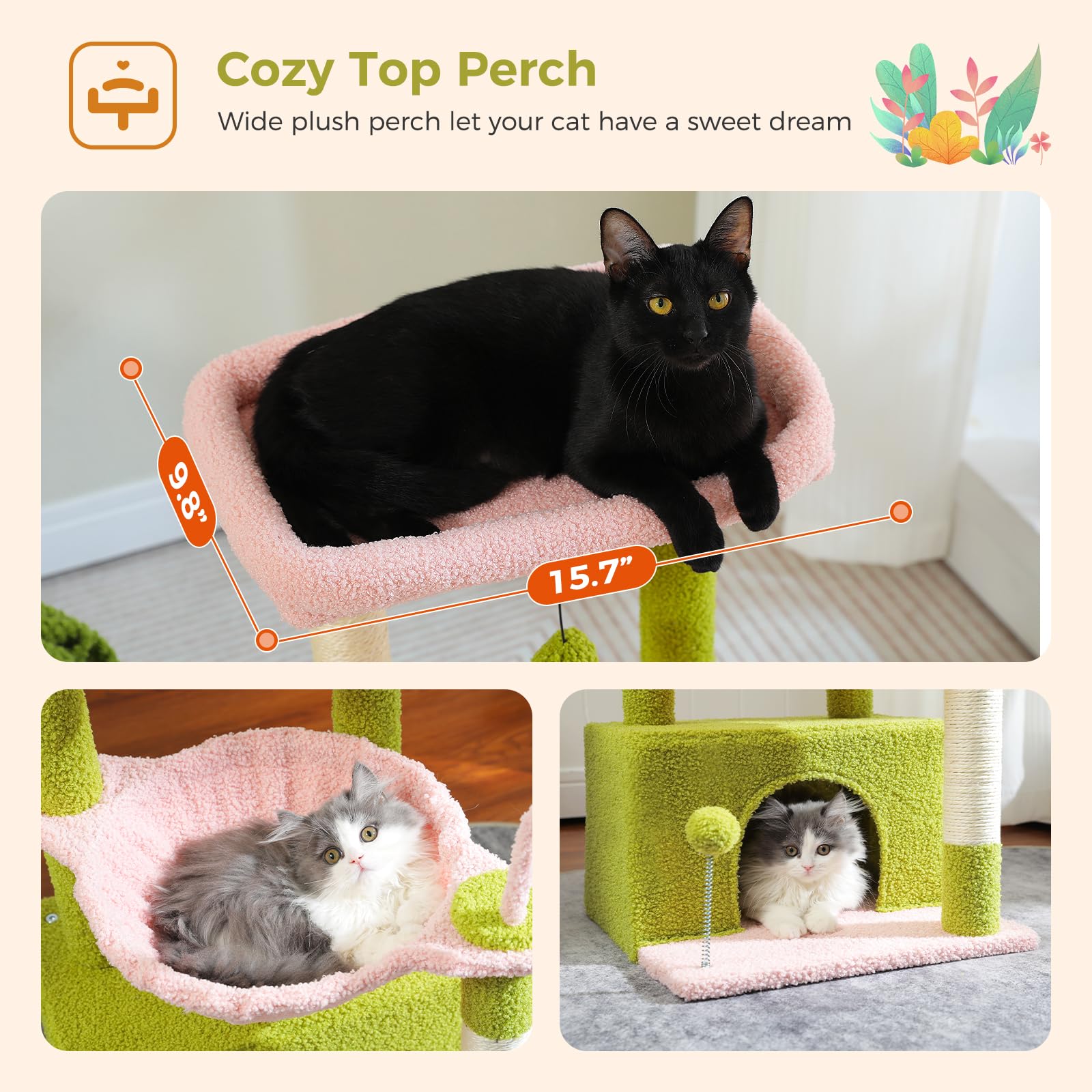 PAWZ Road Kaktus drzewko dla kotów do użytku wewnątrz z hamakiem, wieża dla kota z drapakiem pokrytym sizalem, duży górny drążek do siedzenia, drapak dla kota, różowy, 83 cm