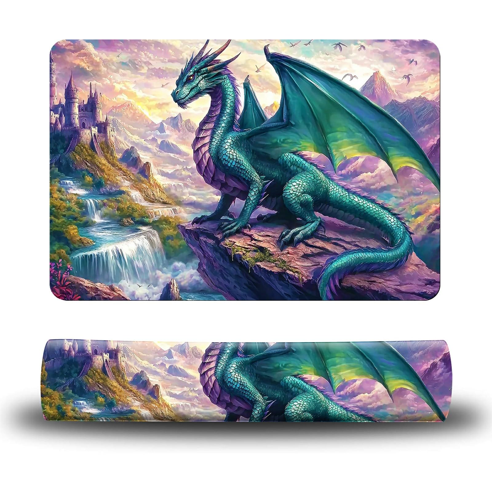 Dikoer Dog Food Mat, 19.6" x 23.6" Absorbent Pet Feeding Mat for Food and Water, Waterproof Diatom Mud Pet Placemat with Non-Slip Rubber Backing, Cat Bowl Mat for Floors - Creek Green Dragon