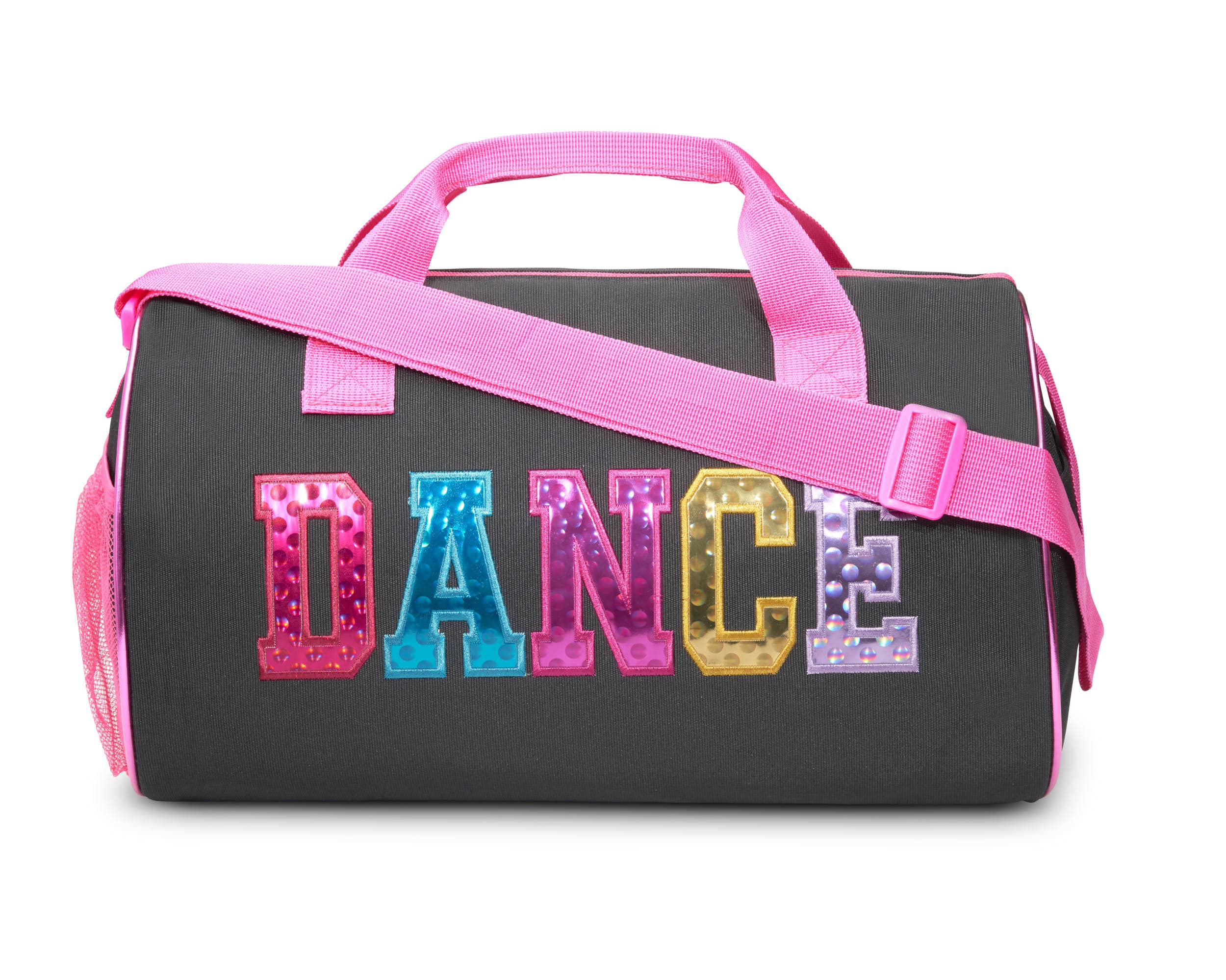 Dance Duffle Bag for Girls, Water-resistant Kids Travel Bag with Adjustable Carry On and Handy Pouch, Dance Accessories For Girls (Black/Multi) One Size