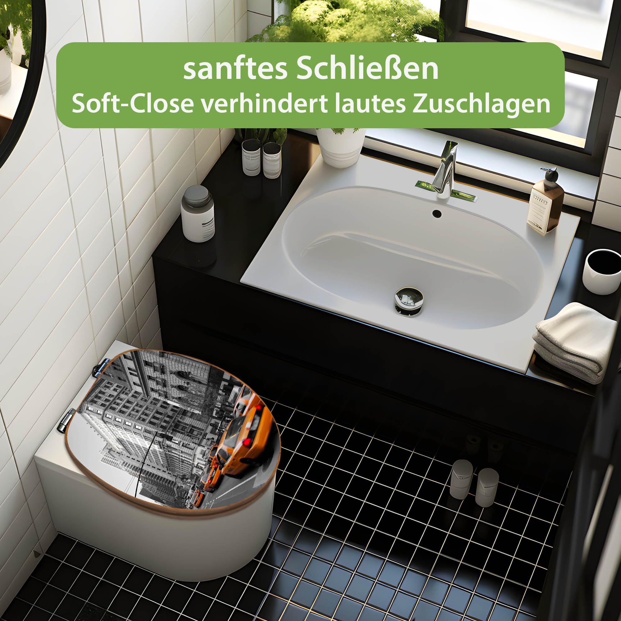 banjado Design WC Sitz Bambus Absenkautomatik 45,8x37,5cm - Toilettendeckel mit Absenkautomatik Holz - hochwertiger Bambus Klodeckel - WC-Sitz für gängigen Toiletten - Motiv New York Taxi