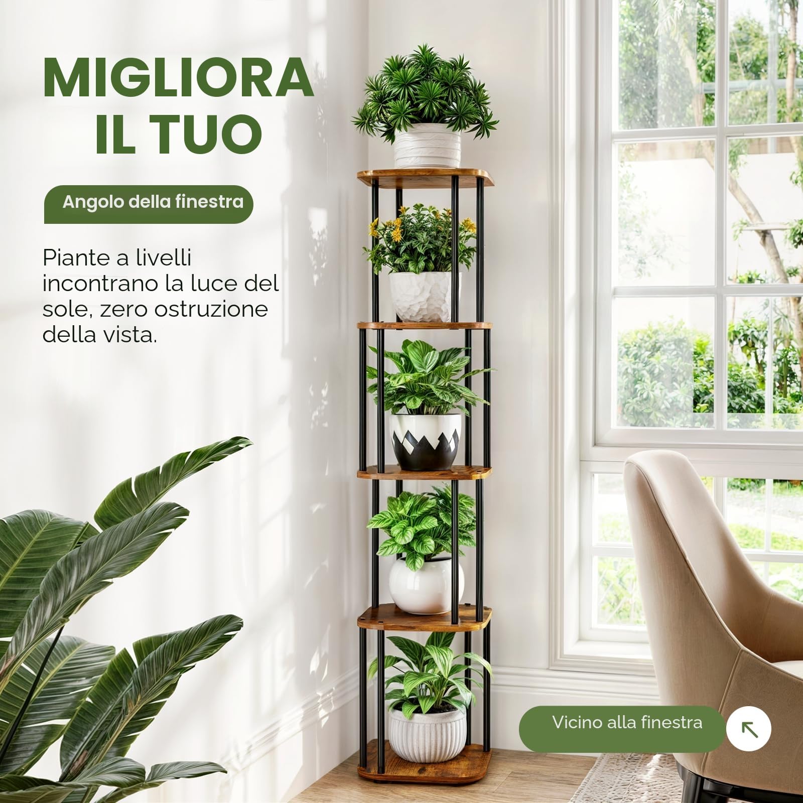 Bamworld Supporto alto per piante da interno, mensola angolare per piante multiple, supporto per vasi da fiori in metallo a 5 livelli per patio, giardino, balcone, soggiorno, camera da letto
