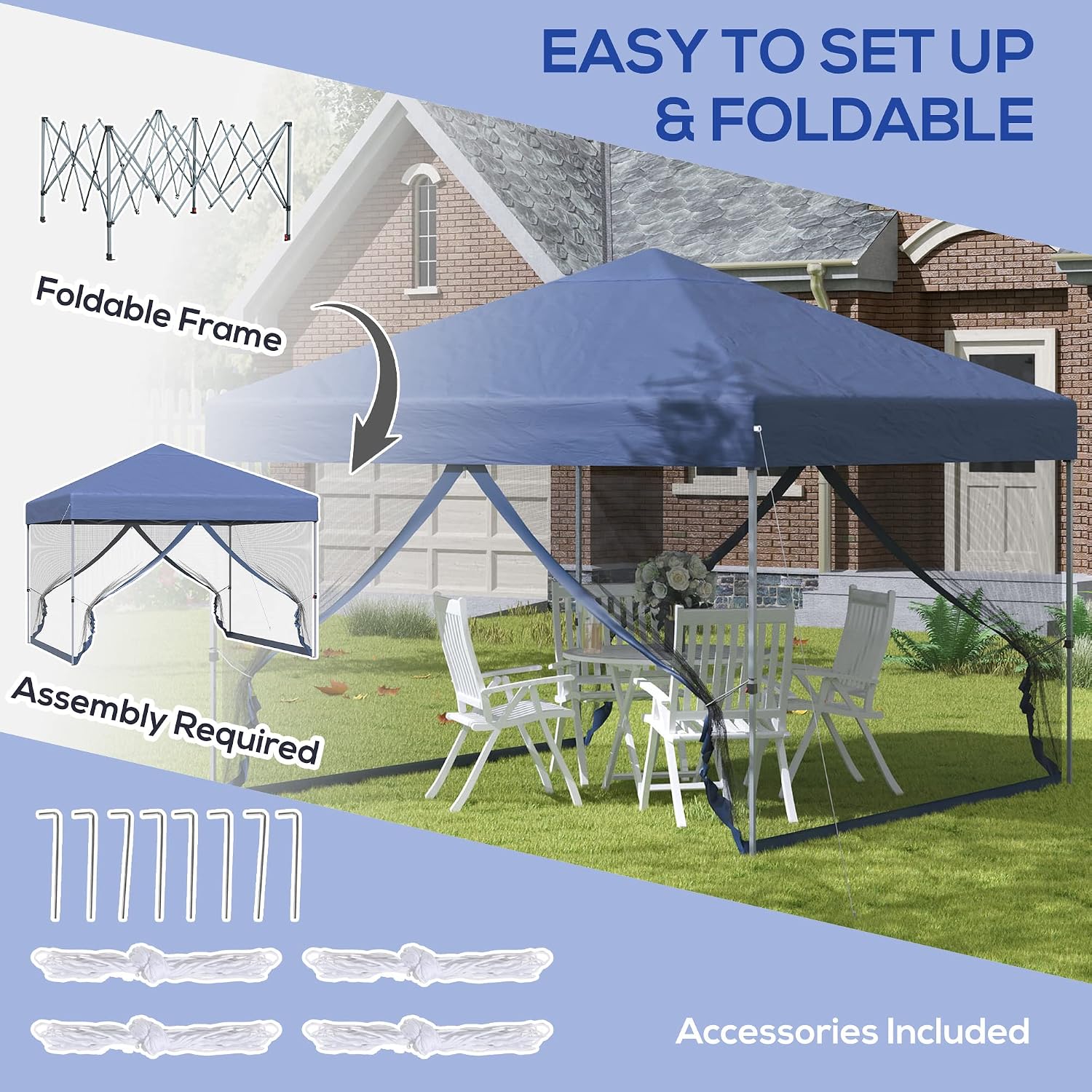 Outsunny 10' x 10' Pop Up Canopy Tent, Tents for Parties with Netting and Wheeled Carry Bag, Height Adjustable Instant Sun Shelter, for Outdoor, Garden, Patio, Blue