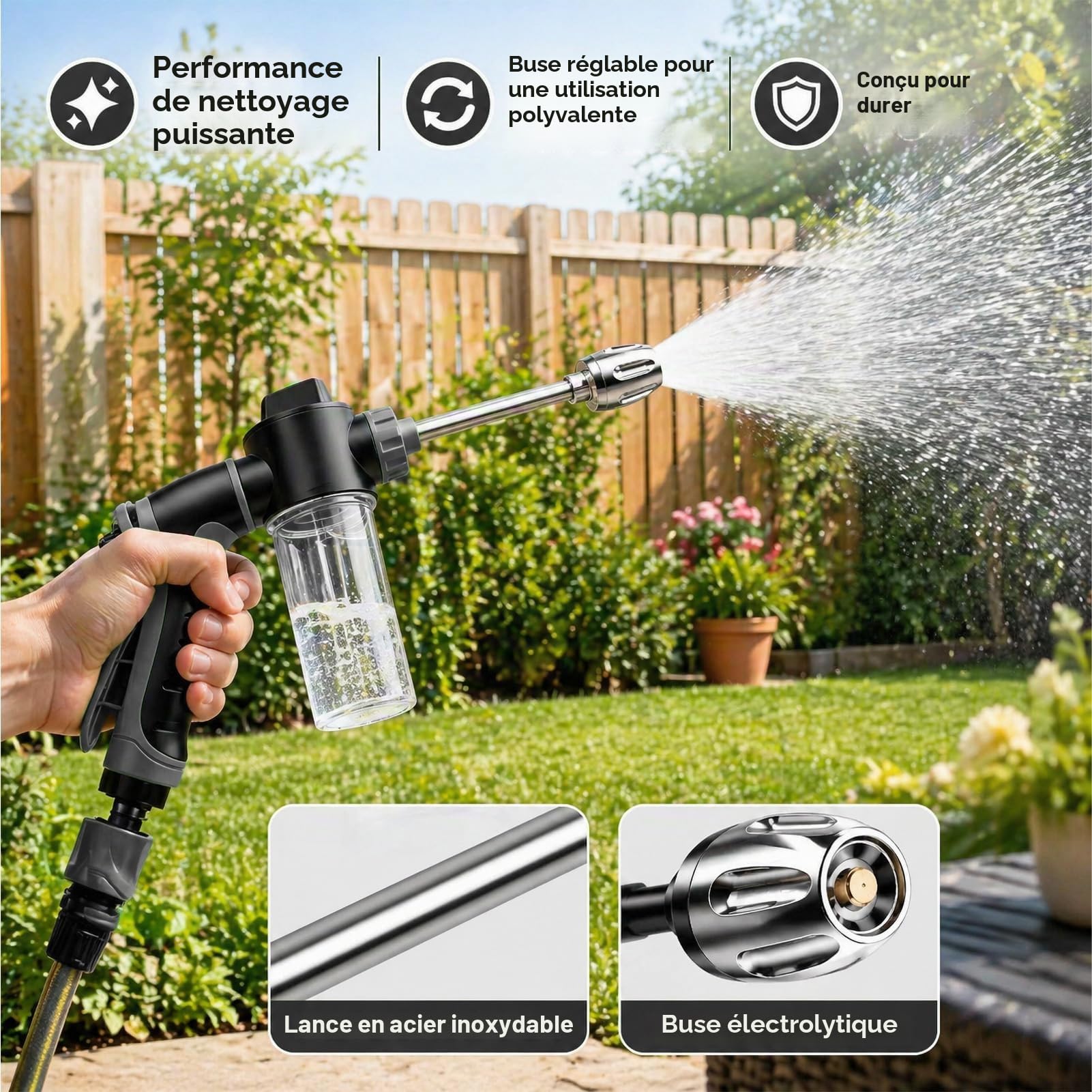 Funnity Jetterix Pistolet Haute Pression, Lance de Nettoyage Métal | Jet réglable, mousse intégrée, nettoyage rapide sans effort, pour voiture, terrasse, façade et mobilier extérieur