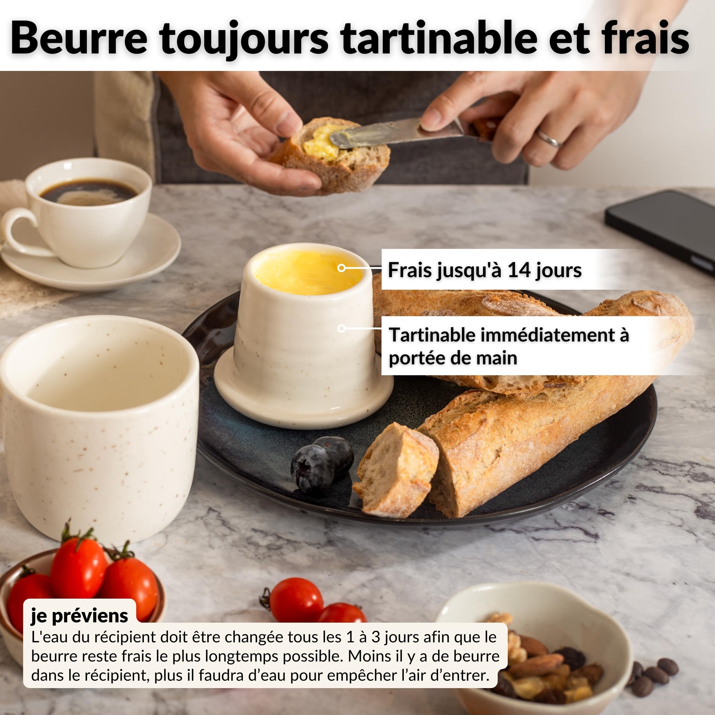 TOATELU Beurre en céramique: 1 pièce Cloche à Beurre en céramique, refroidie par Eau pour Beurre Frais et Mou, pour Un Usage Quotidien (Blanc
