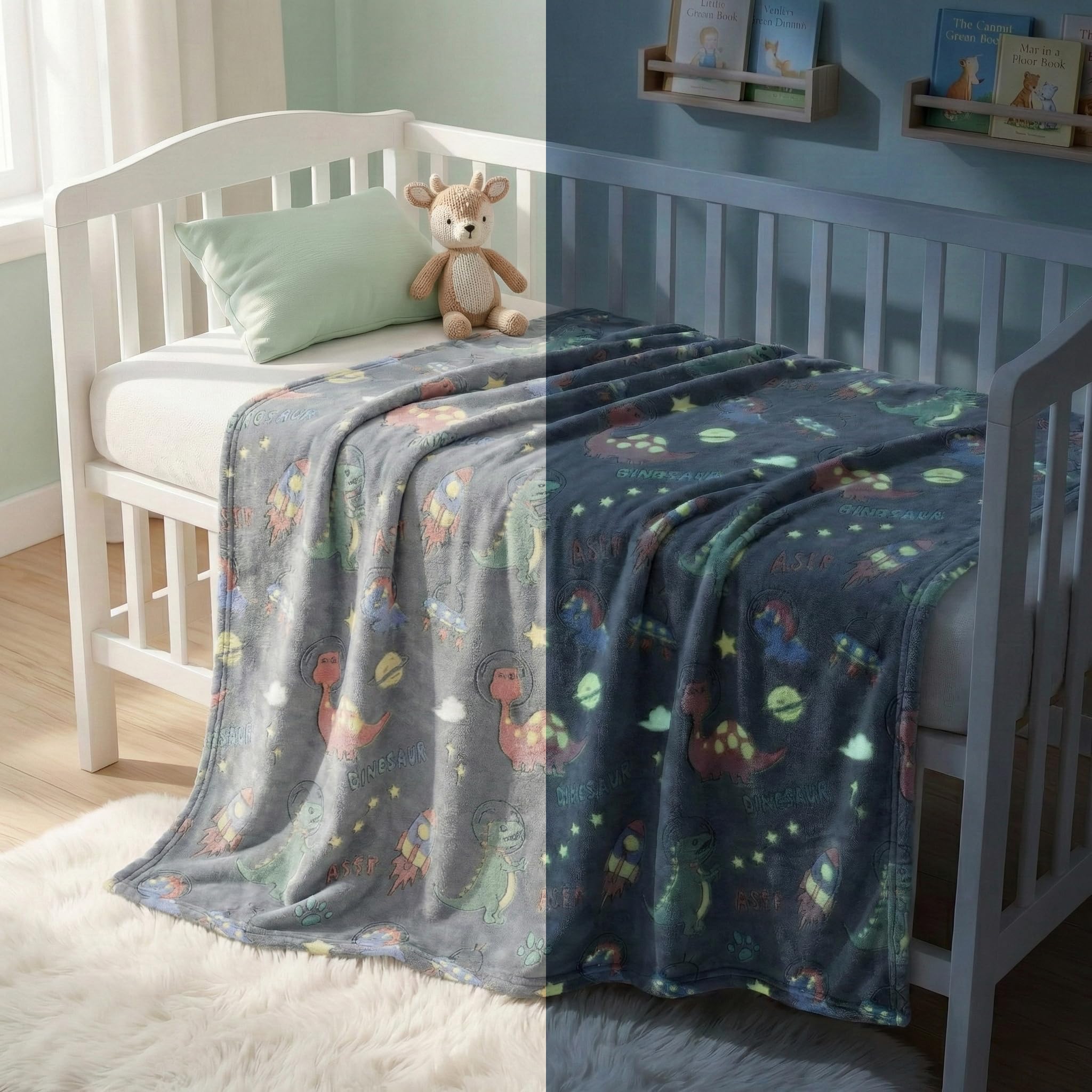 BSB HOME Glow in The Dark Kids Blanket, Soft Flannel Fleece Luminous Blanket for Boys & Girls, Cozy Lightweight Kids Throw for Bed – 30 x 40 in (76 x 102 cm) (Dinosaur & Space Theme - Dark Grey)