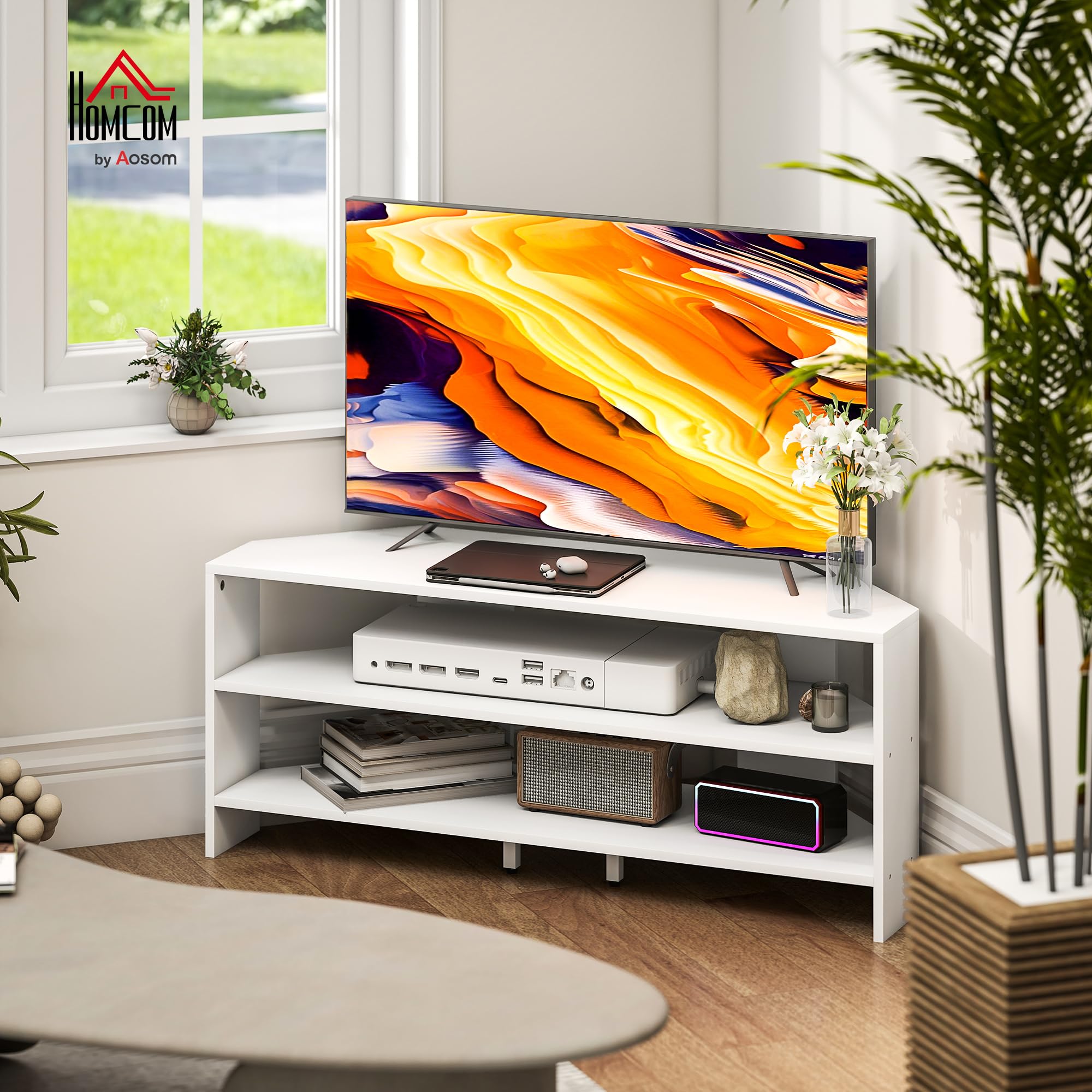 HOMCOM Mobile TV ad Angolo 47" max con 2 Ripiani Aperti, Mobile porta TV Moderno in Truciolato, per Camera da Letto e Soggiorno, 110x36x45 cm, Bianco