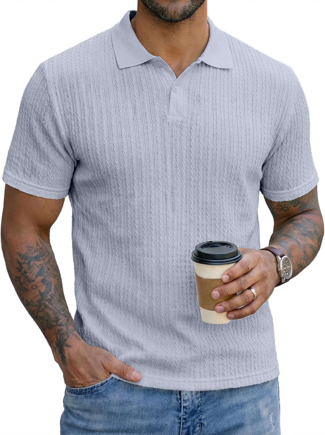 Mens Knit Polo Shirts Short Sleeve Button Down Texture Polo T Shirts Casual Golf Po...