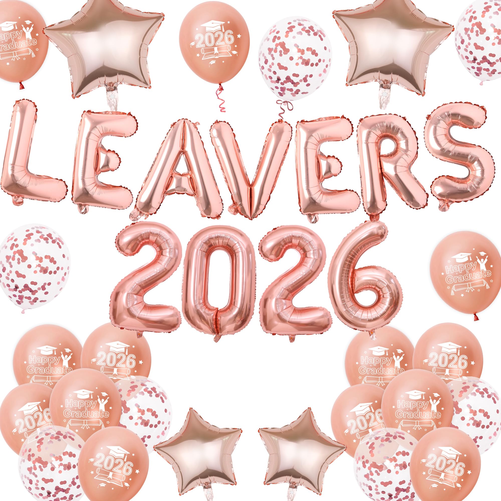 Class of 2026 Graduation Decorations Balloons, 33 Pcs Rose Gold Foil Balloon Banner Set with Letters Numbers Confetti and Stars, Leavers 2026 Decor for High School College Grad Party